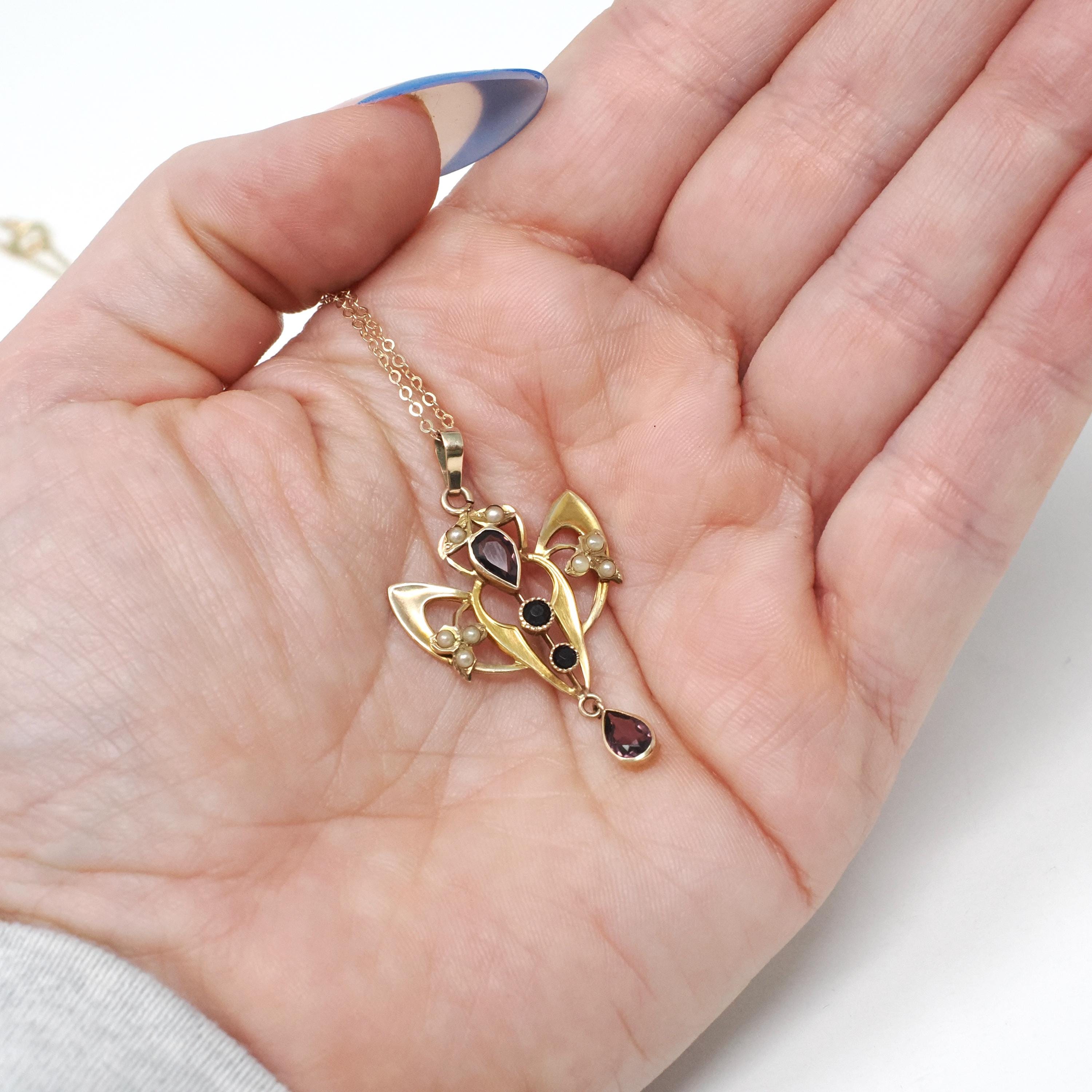 Antique Lavalier Necklace - Edwardian 10k Yellow Gold Simulated Amethyst Seed Pearl Pendant - Circa 1910s Purple Glass Dainty Fine Jewelry