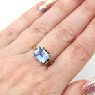 Simulated Aqua Ring - Mid Century Era 10k Yellow Gold Emerald Cut Blue Glass - Circa 1940s Size 6 1/4 Heart March Birthstone Fine Jewelry