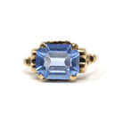 Simulated Aqua Ring - Mid Century Era 10k Yellow Gold Emerald Cut Blue Glass - Circa 1940s Size 6 1/4 Heart March Birthstone Fine Jewelry