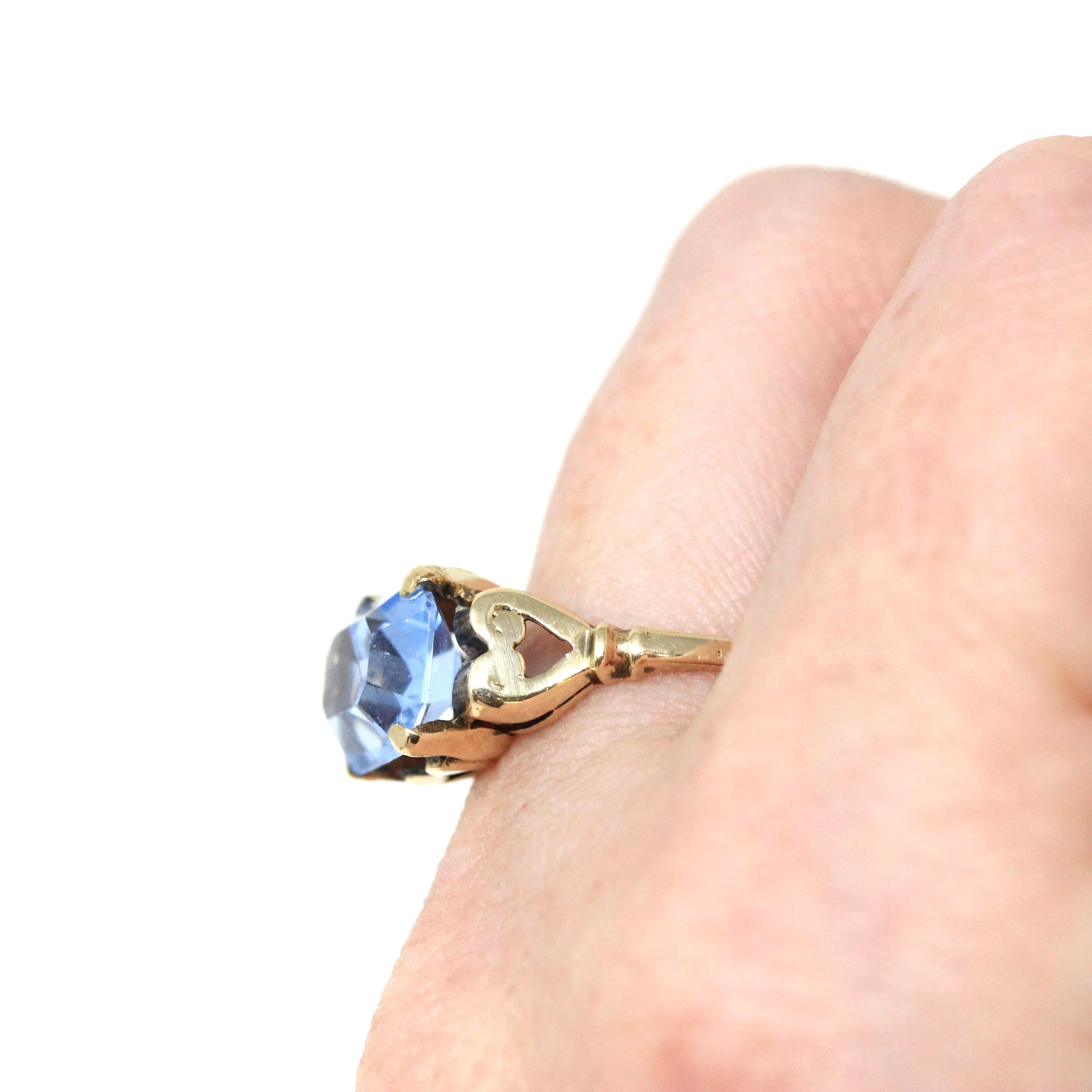 Simulated Aqua Ring - Mid Century Era 10k Yellow Gold Emerald Cut Blue Glass - Circa 1940s Size 6 1/4 Heart March Birthstone Fine Jewelry