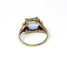 Simulated Aqua Ring - Mid Century Era 10k Yellow Gold Emerald Cut Blue Glass - Circa 1940s Size 6 1/4 Heart March Birthstone Fine Jewelry