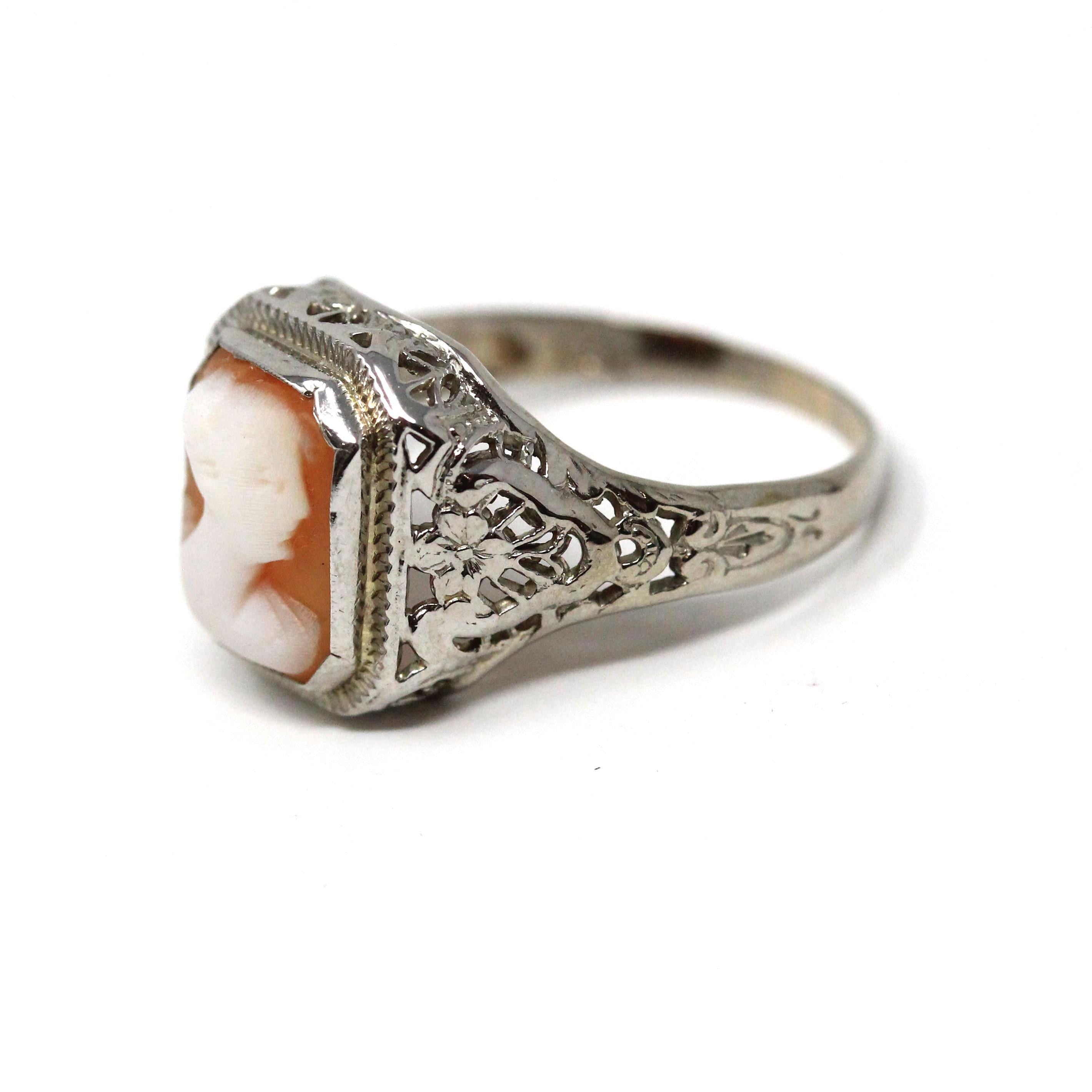 Vintage Cameo Ring - Art Deco Era 14k White Gold Statement Ring - Circa 1930s Size 6 1/4 Rectangular Carved Woman Pink Shell Fine Jewelry