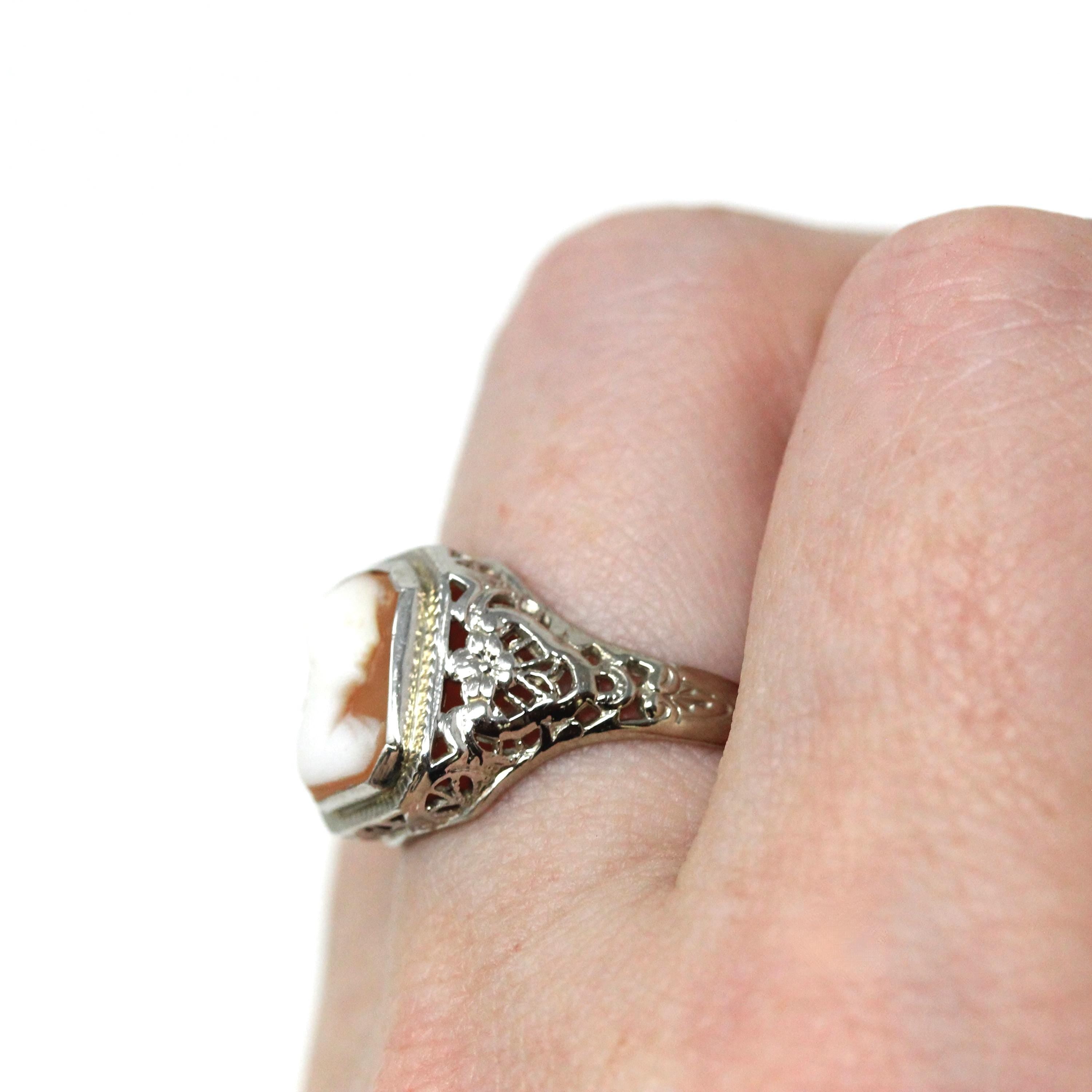 Vintage Cameo Ring - Art Deco Era 14k White Gold Statement Ring - Circa 1930s Size 6 1/4 Rectangular Carved Woman Pink Shell Fine Jewelry