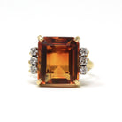 Citrine & Diamond Ring - Retro 18k Yellow Gold And Platinum Emerald Cut Orange Gem - Circa 1970s Era Size 6.5 Fine .18 CTW Statement Jewelry