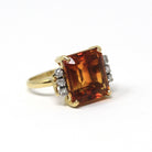 Citrine & Diamond Ring - Retro 18k Yellow Gold And Platinum Emerald Cut Orange Gem - Circa 1970s Era Size 6.5 Fine .18 CTW Statement Jewelry