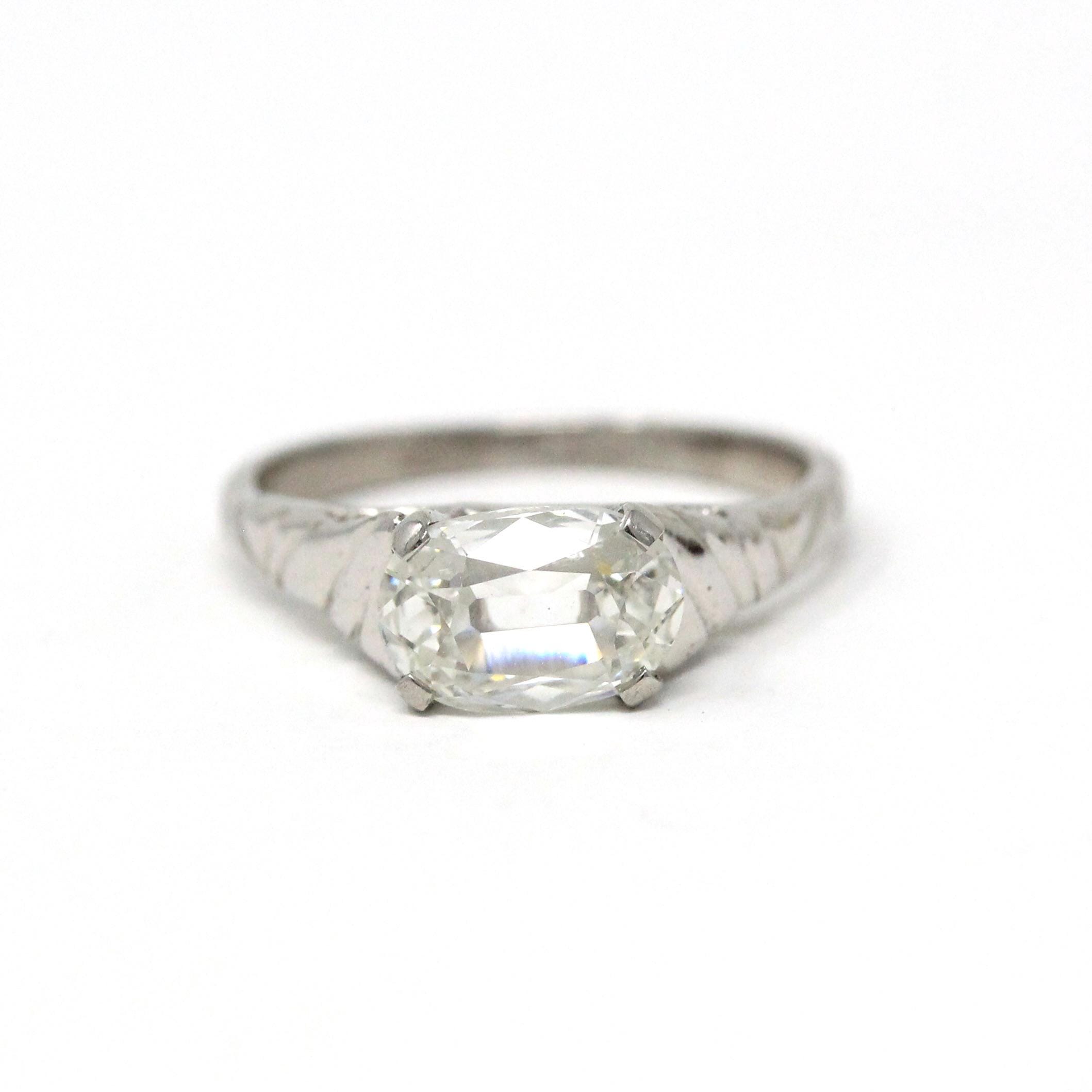 Antique 1.01 Carat Diamond Ring - Edwardian Platinum Oval East West Solitaire - Early 1900s Size 4 1/4 Fine GIA Report Engagement Jewelry