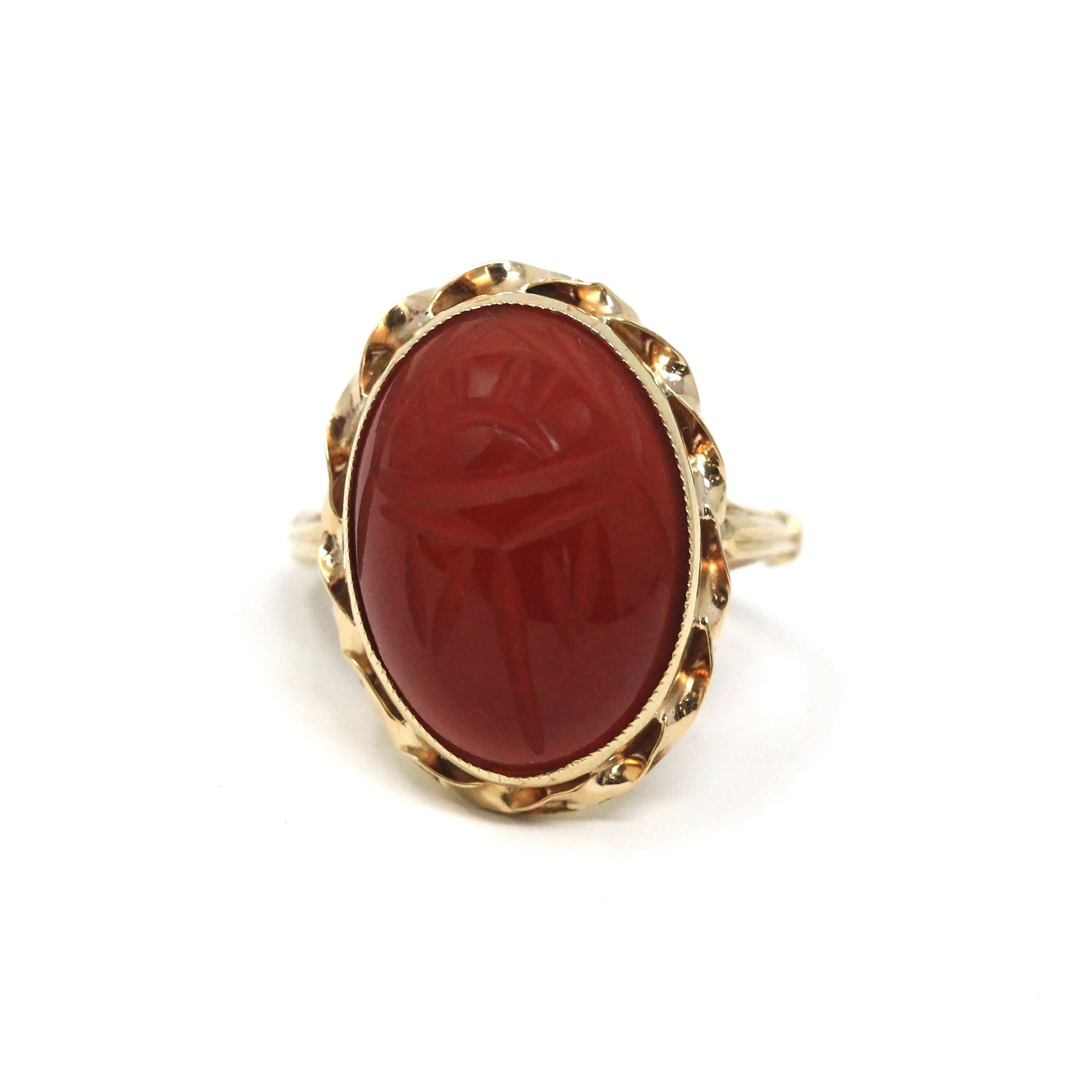 Vintage Scarab Ring - Retro 10k Yellow Gold Natural Red Carnelian Gemstone - Circa 1960s Era Size 6 1/2 Carved Bug Statement Fine Jewelry