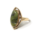 Vintage Serpentine Ring - Retro Era 9k Yellow Gold Oval Cabochon Cut Green Marbled Gemstone - Hallmarked 1973 Size 3 Statement Fine Jewelry