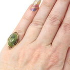 Vintage Serpentine Ring - Retro Era 9k Yellow Gold Oval Cabochon Cut Green Marbled Gemstone - Hallmarked 1973 Size 3 Statement Fine Jewelry