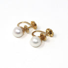 Cultured Pearl Earrings - Mid Century 14k Yellow Gold Round White Organic Gem Screw Backs - Vintage Circa 1940s Era June Birthstone Jewelry