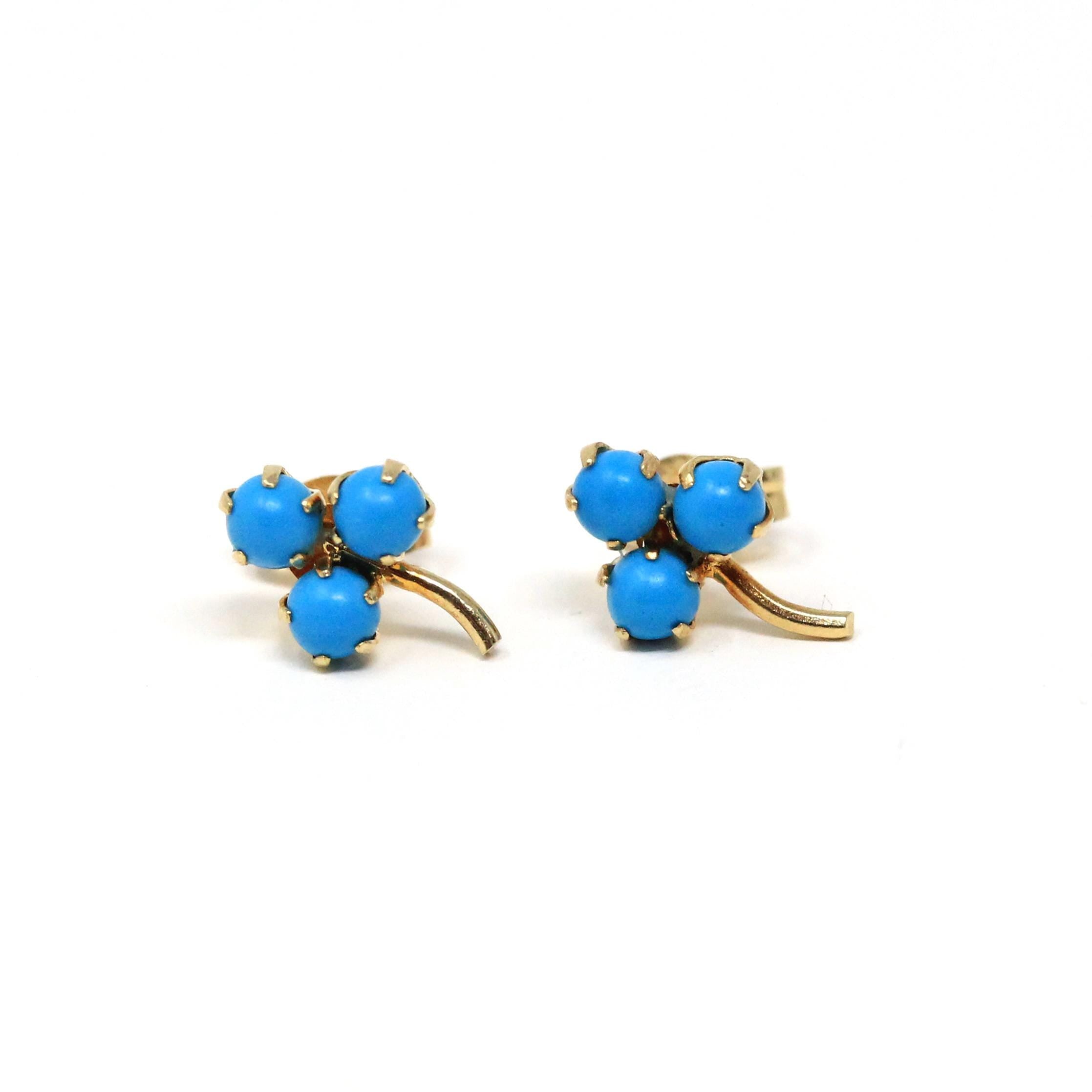 Modern Shamrock Earrings - Estate 14k Yellow Gold Dainty Push Backs Pair - Circa 2000's Era Three Leaf Clover Created Turquoise Fine Jewelry