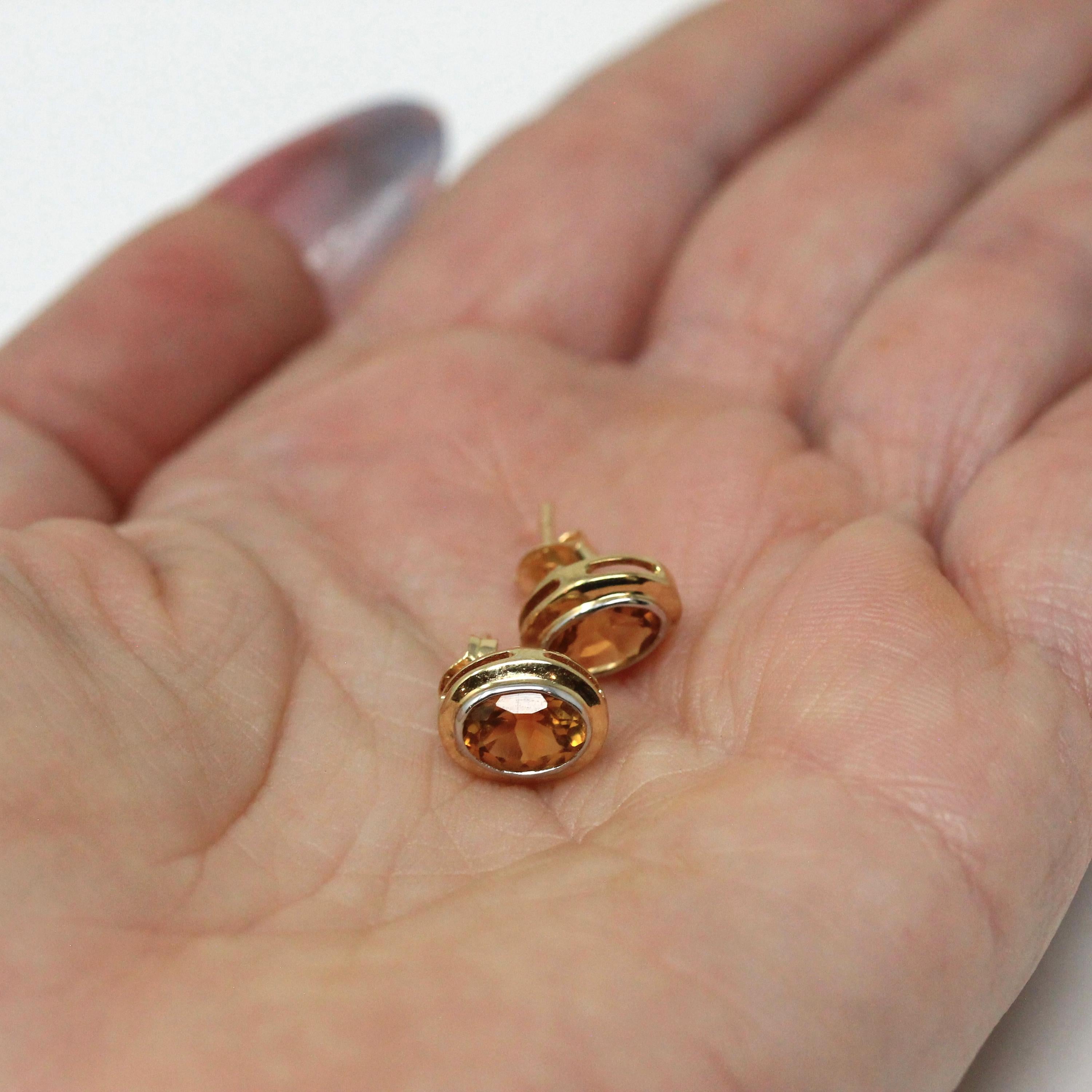 Modern Citrine Earrings - Estate 10k Yellow Gold Natural Oval Orange Gemstone Bezel Post Studs - Modern 2000s Era Pierced Push Back Jewelry