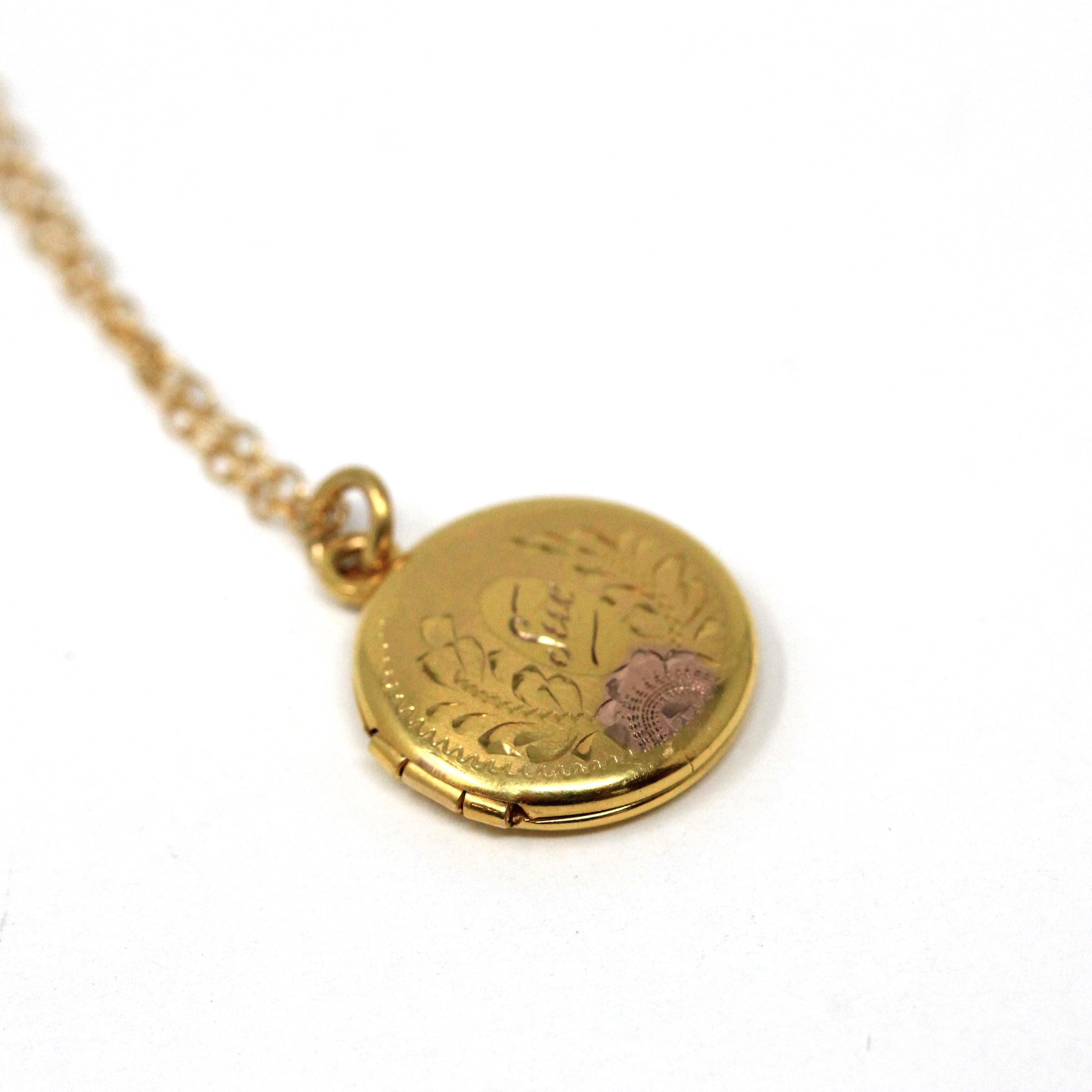 Vintage "Sue" Locket - Mid Century Era 10k Yellow Rose Gold Round Floral Pendant Charm Necklace - Dated 1949 Engraved Keepsake Fine Jewelry