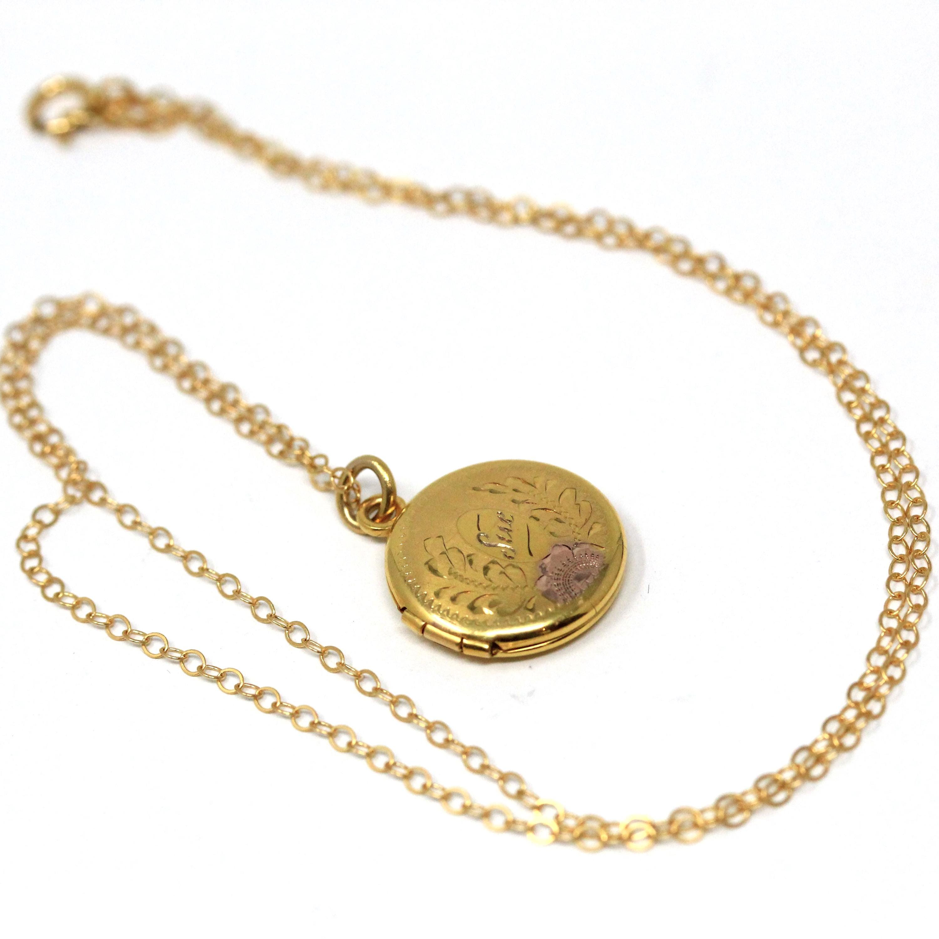 Vintage "Sue" Locket - Mid Century Era 10k Yellow Rose Gold Round Floral Pendant Charm Necklace - Dated 1949 Engraved Keepsake Fine Jewelry