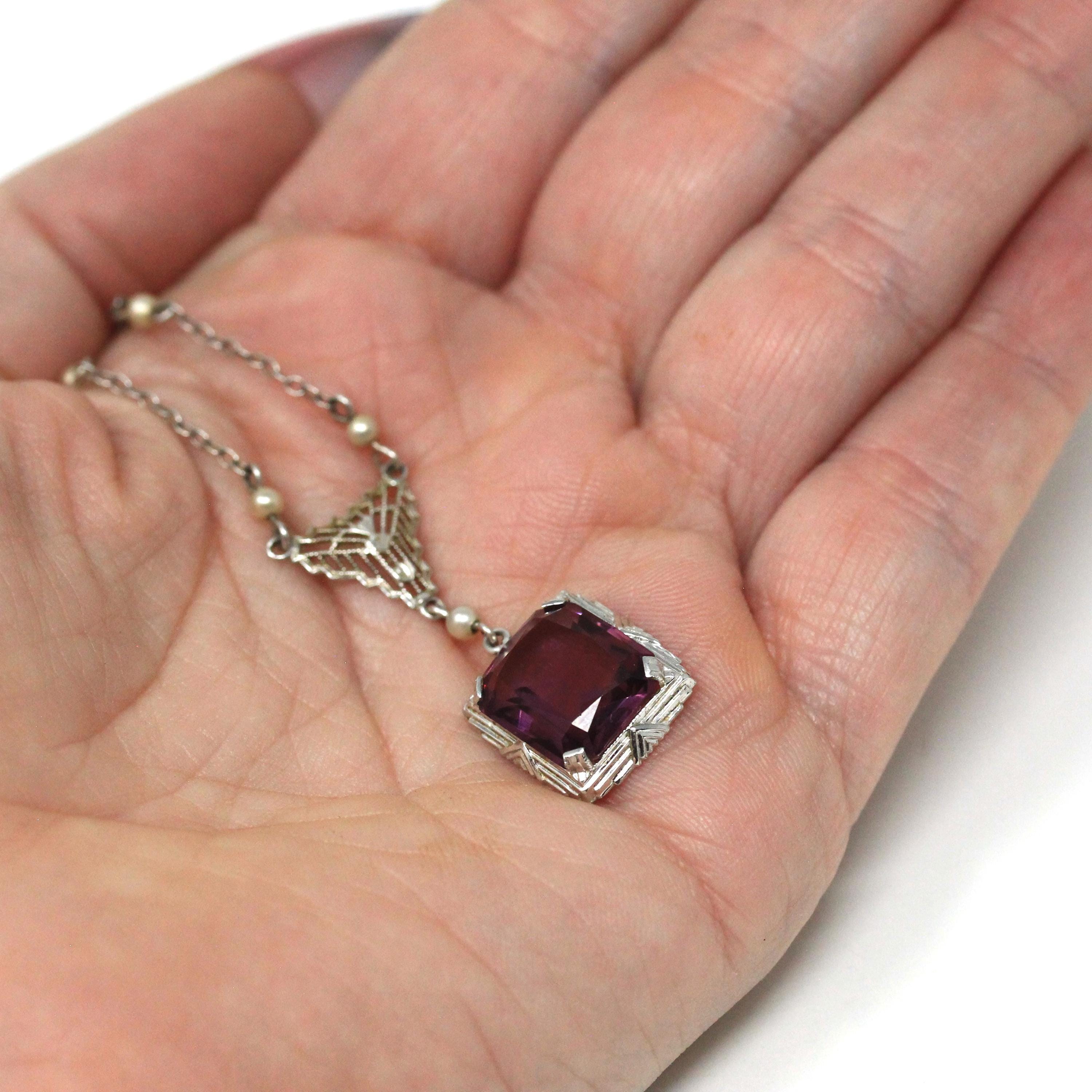 Art Deco Lavalier - Vintage 14k White Gold Simulated Amethyst Purple Glass & Seed Pearls Gems Necklace - Circa 1930s Fine Statement Jewelry