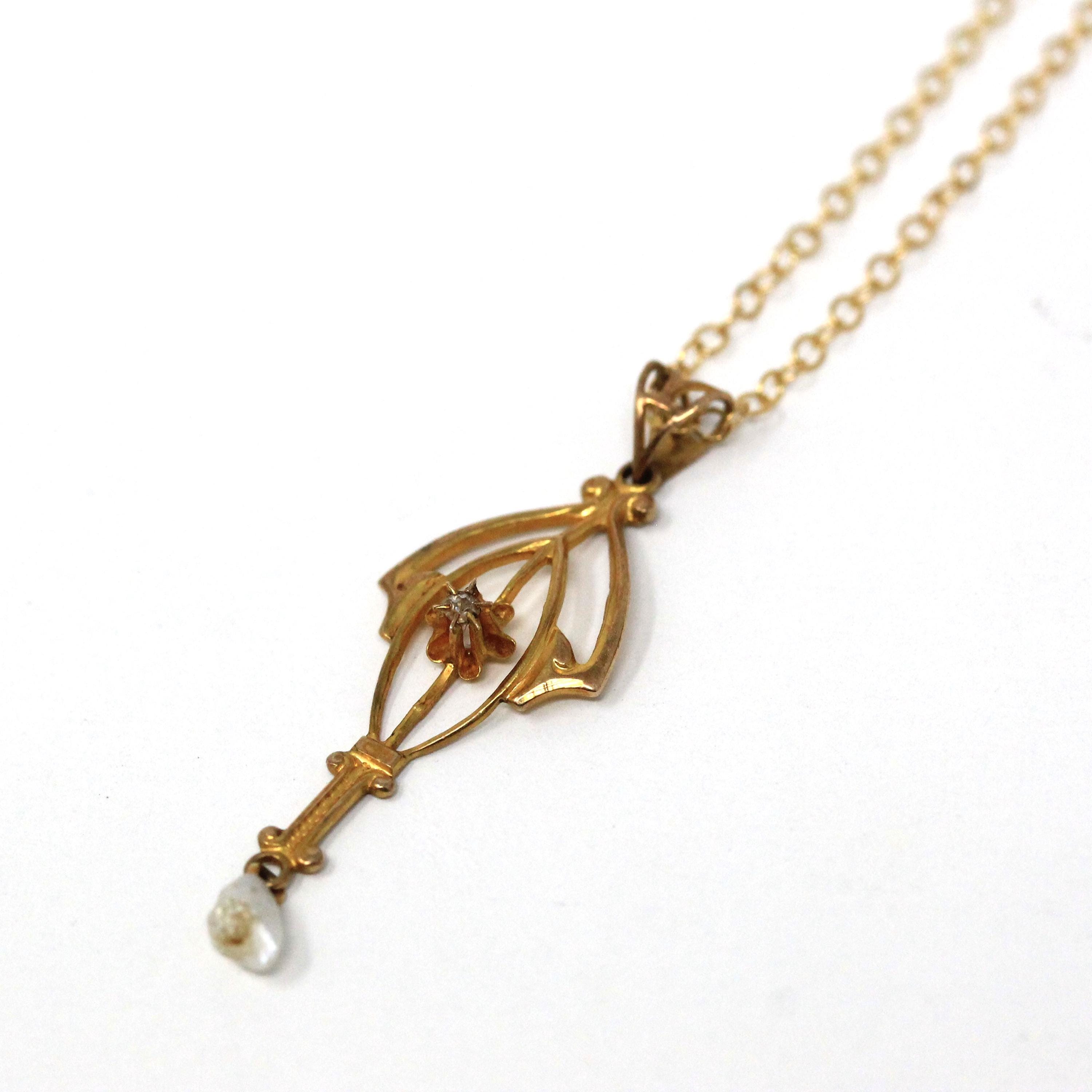 Antique Diamond Lavalier - Edwardian 10k Yellow Gold Natural Gemstone Baroque Pearl Pendant Necklace - Circa 1910s Era Charm Fine Jewelry