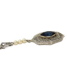 Art Deco Necklace - Antique 10k White Gold Filigree Simulated Sapphire Blue Glass Cultured Pearls Pendant - Vintage 1930s Era Fine Jewelry