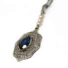 Art Deco Necklace - Antique 10k White Gold Filigree Simulated Sapphire Blue Glass Cultured Pearls Pendant - Vintage 1930s Era Fine Jewelry