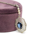 Art Deco Necklace - Antique 10k White Gold Filigree Simulated Sapphire Blue Glass Cultured Pearls Pendant - Vintage 1930s Era Fine Jewelry