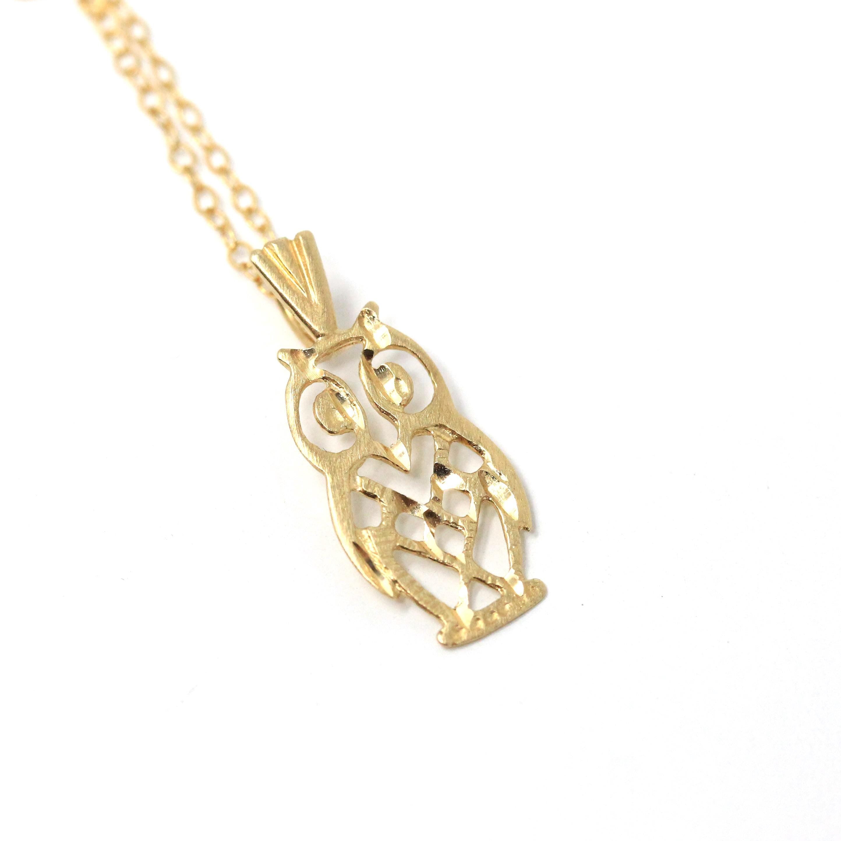 Modern Owl Necklace - Estate 14k Yellow Gold Figural Hoot Pendant Charm - Circa 2000s Feathered Open Metal Dainty Animal Bird Fine Jewelry