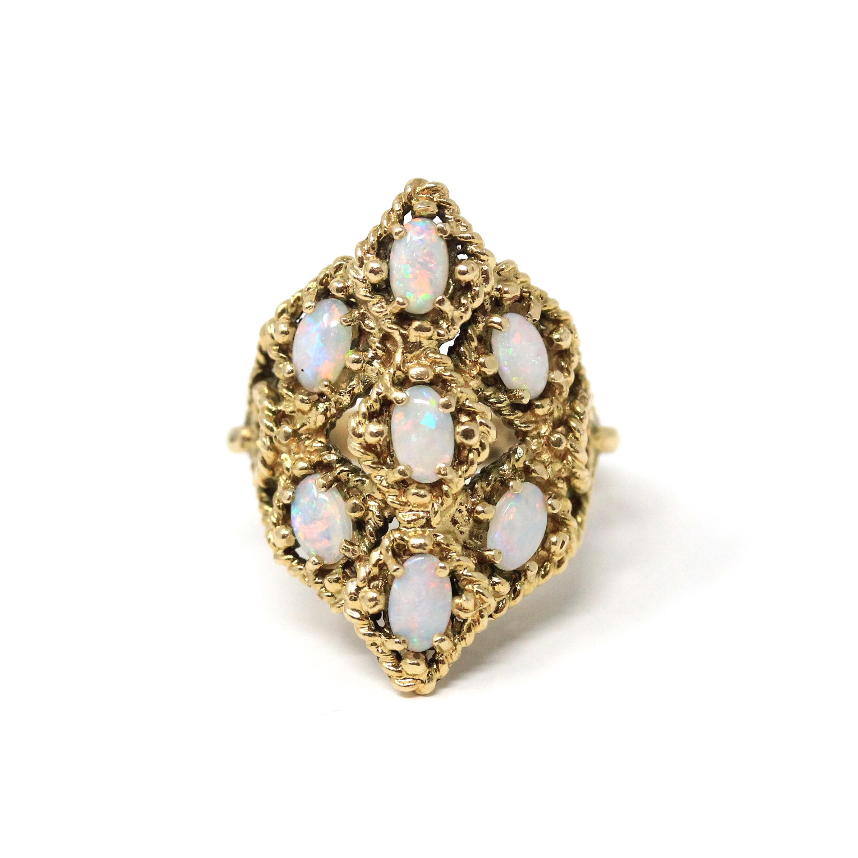 Retro Opal Cluster Ring - Vintage 14k Yellow Gold Natural Cabochon Cut Gemstones - Circa 1970s Size 6.5 Twisted Rope Fine Statement Jewelry