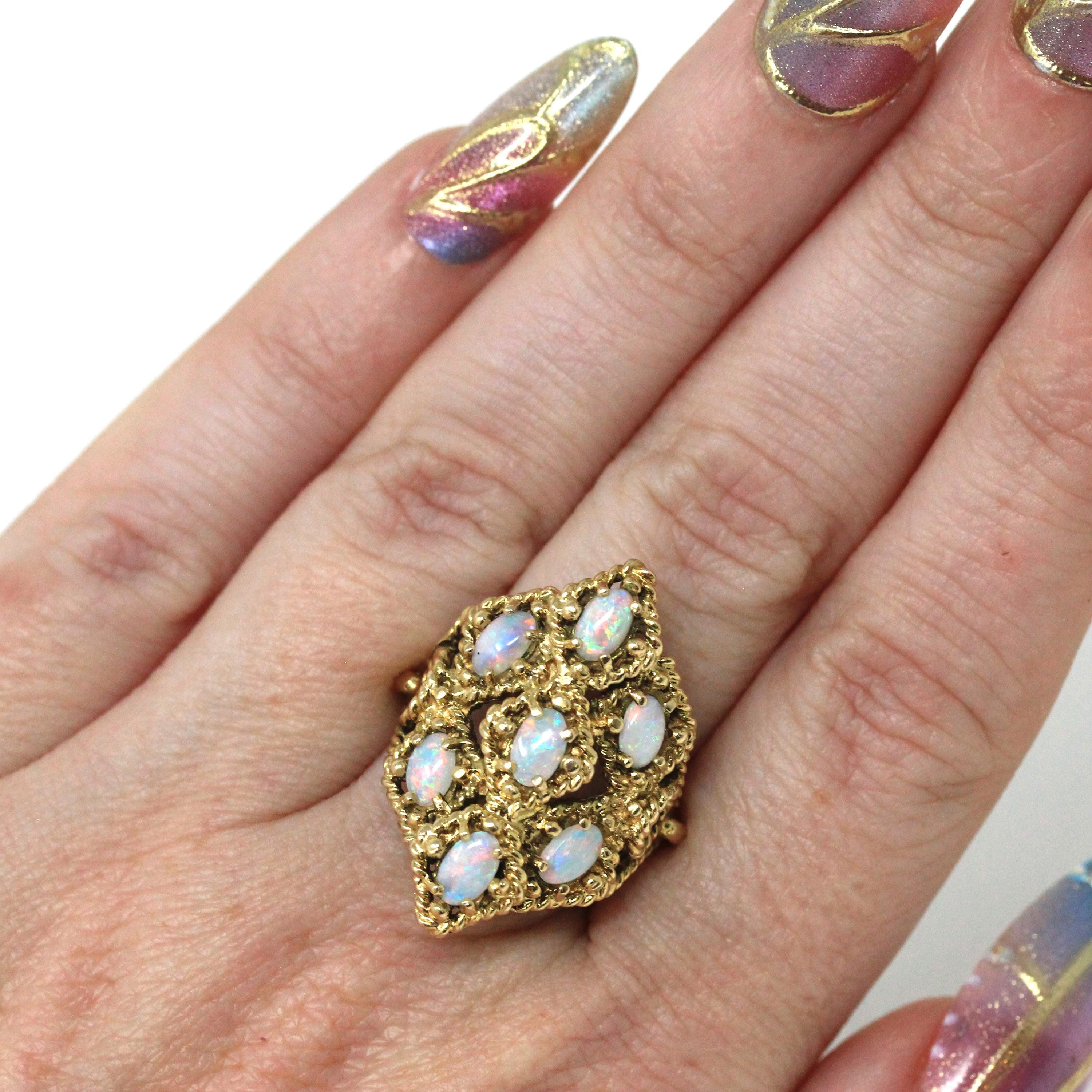 Retro Opal Cluster Ring - Vintage 14k Yellow Gold Natural Cabochon Cut Gemstones - Circa 1970s Size 6.5 Twisted Rope Fine Statement Jewelry
