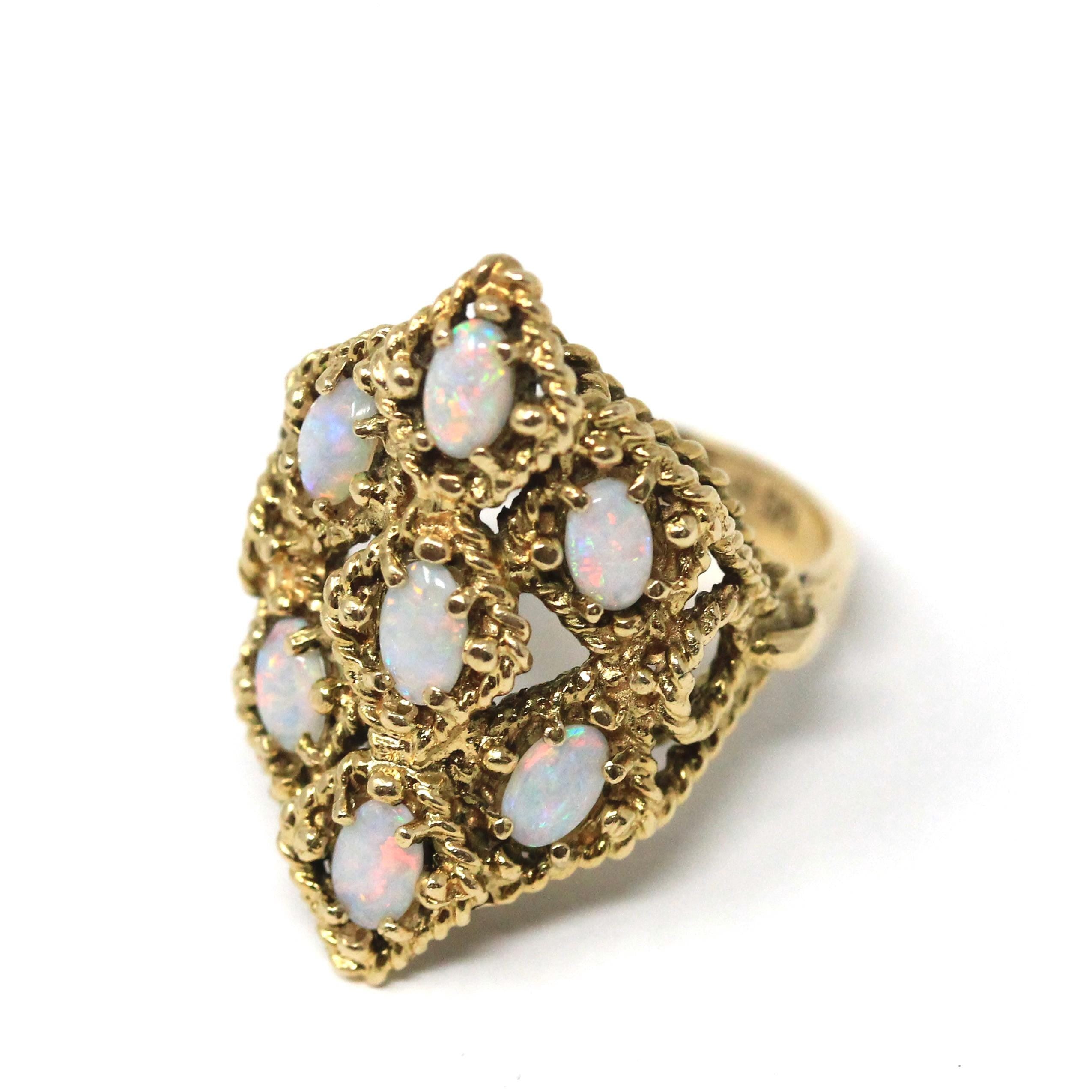 Retro Opal Cluster Ring - Vintage 14k Yellow Gold Natural Cabochon Cut Gemstones - Circa 1970s Size 6.5 Twisted Rope Fine Statement Jewelry