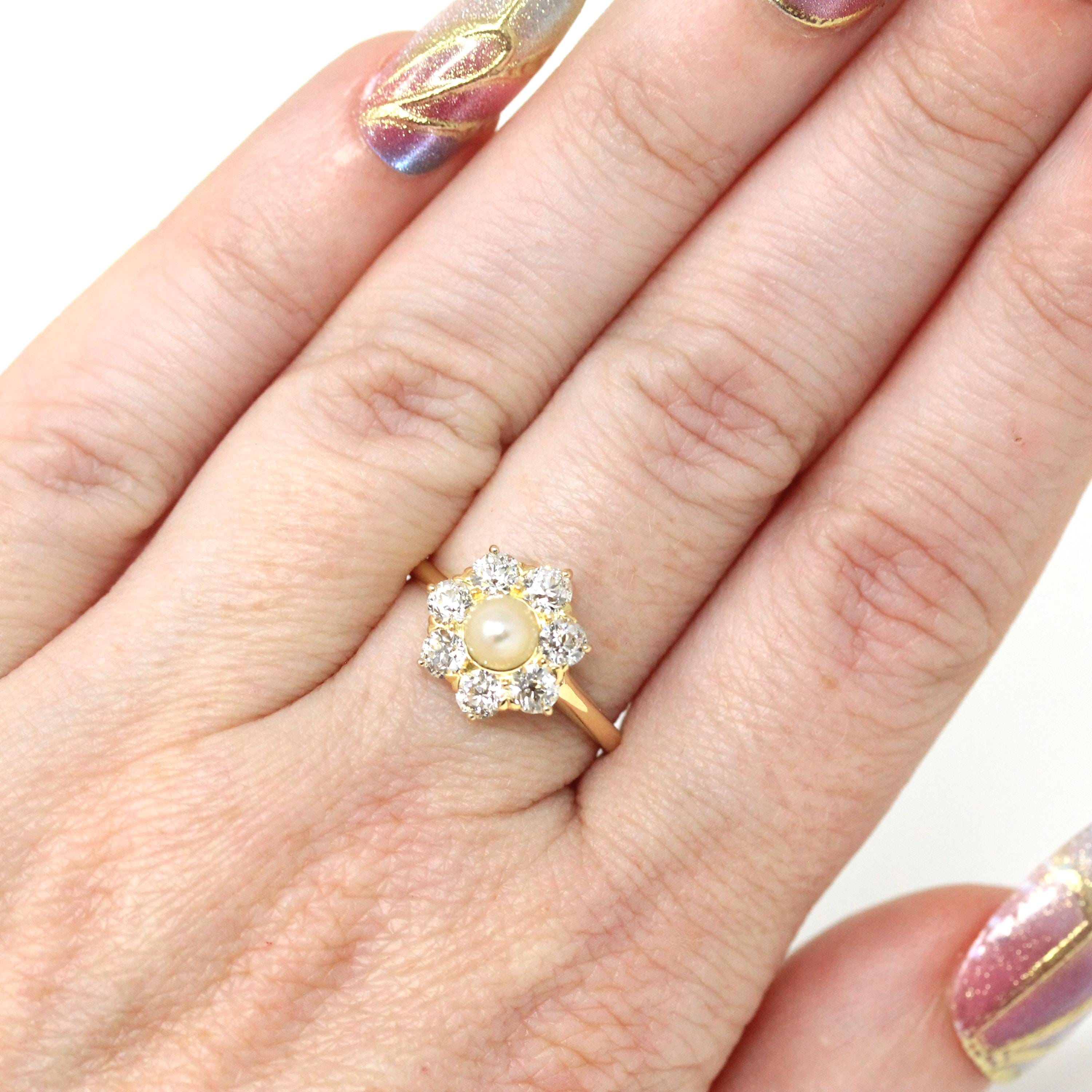 Vintage Pearl & Diamond Halo Ring - Edwardian 18k Yellow Gold Cluster Engagement - Antique Circa 1910s Size 6 June Birthstone Fine Jewelry