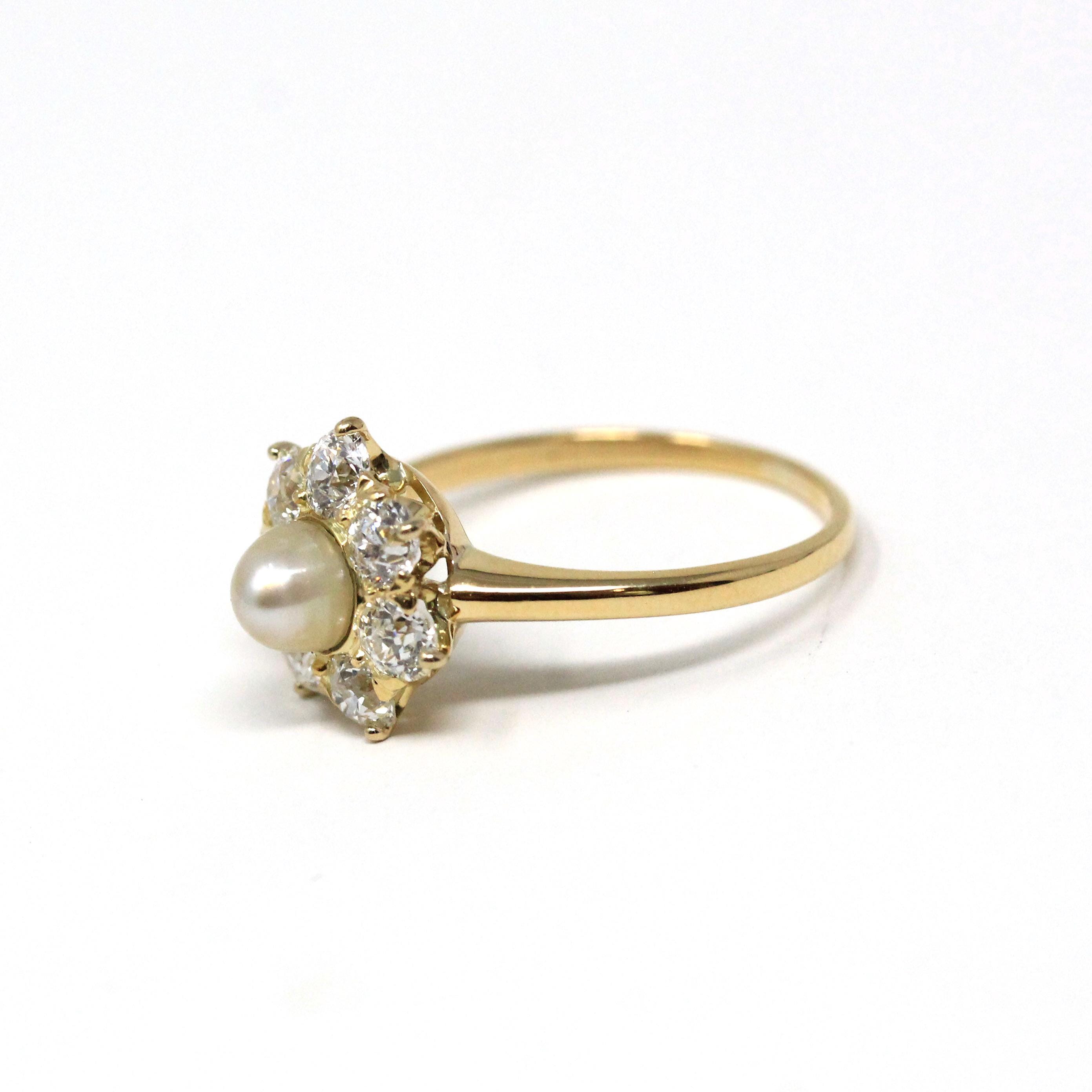 Vintage Pearl & Diamond Halo Ring - Edwardian 18k Yellow Gold Cluster Engagement - Antique Circa 1910s Size 6 June Birthstone Fine Jewelry