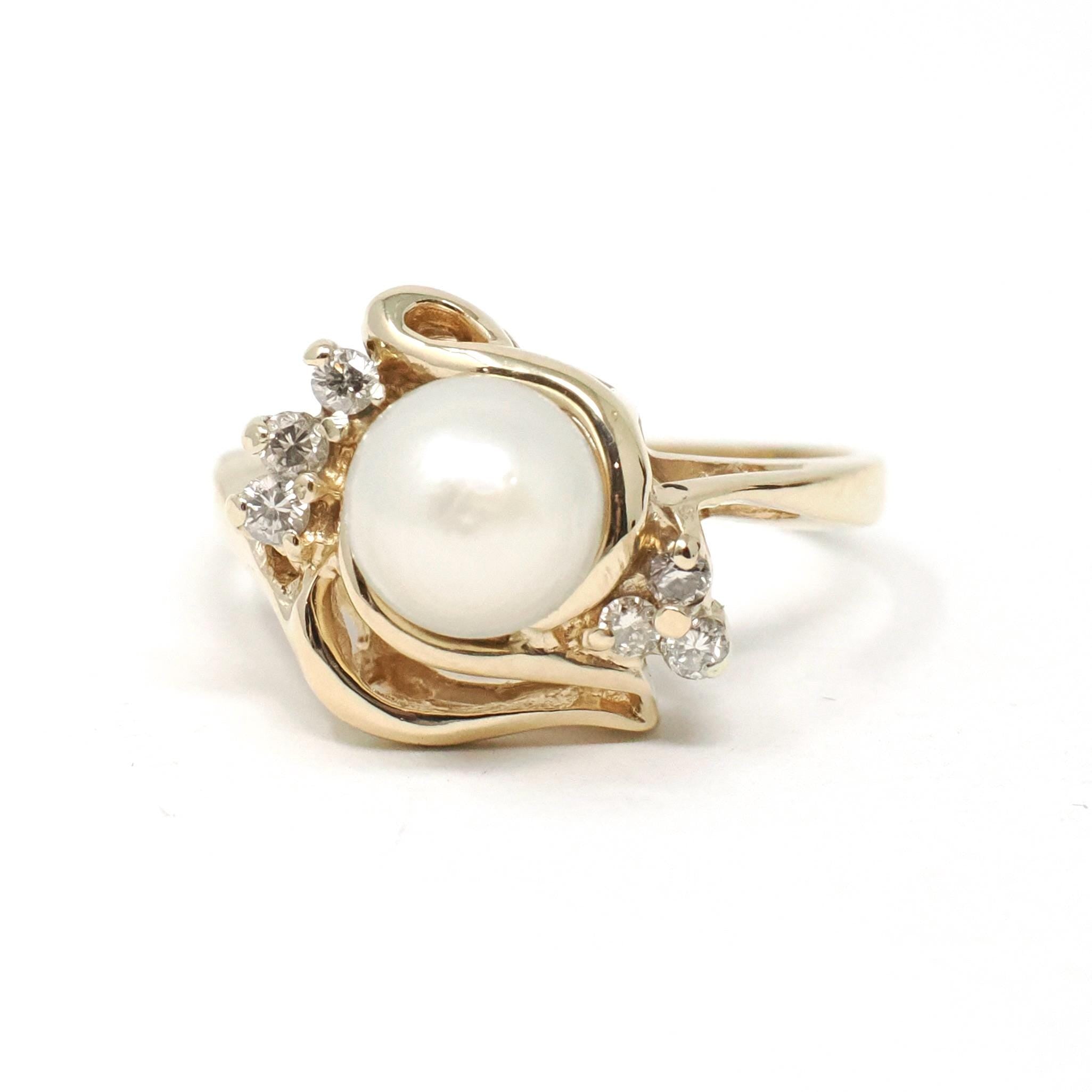 Cultured Pearl Ring - Modern 14k Yellow Gold White Organic Gem & Diamonds - Estate Circa 1990s Era Size 6 1/4 June Birthstone Fine Jewelry