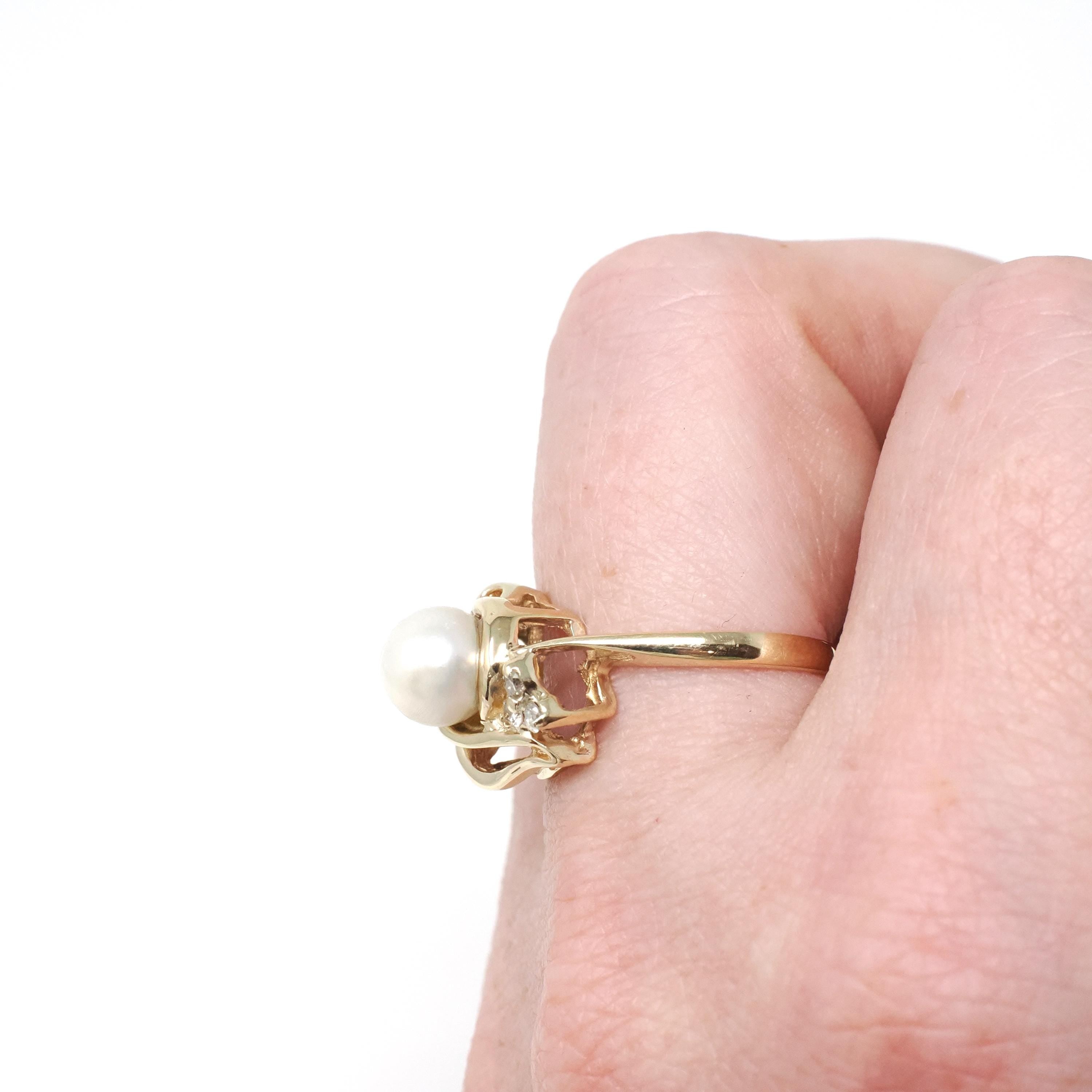 Cultured Pearl Ring - Modern 14k Yellow Gold White Organic Gem & Diamonds - Estate Circa 1990s Era Size 6 1/4 June Birthstone Fine Jewelry