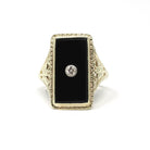 Onyx & Diamond Ring - Art Deco 14k Yellow Gold Black Gem Rectangle Butterfly Filigree - Vintage Circa 1930s Size 4.5 Fine Statement Jewelry