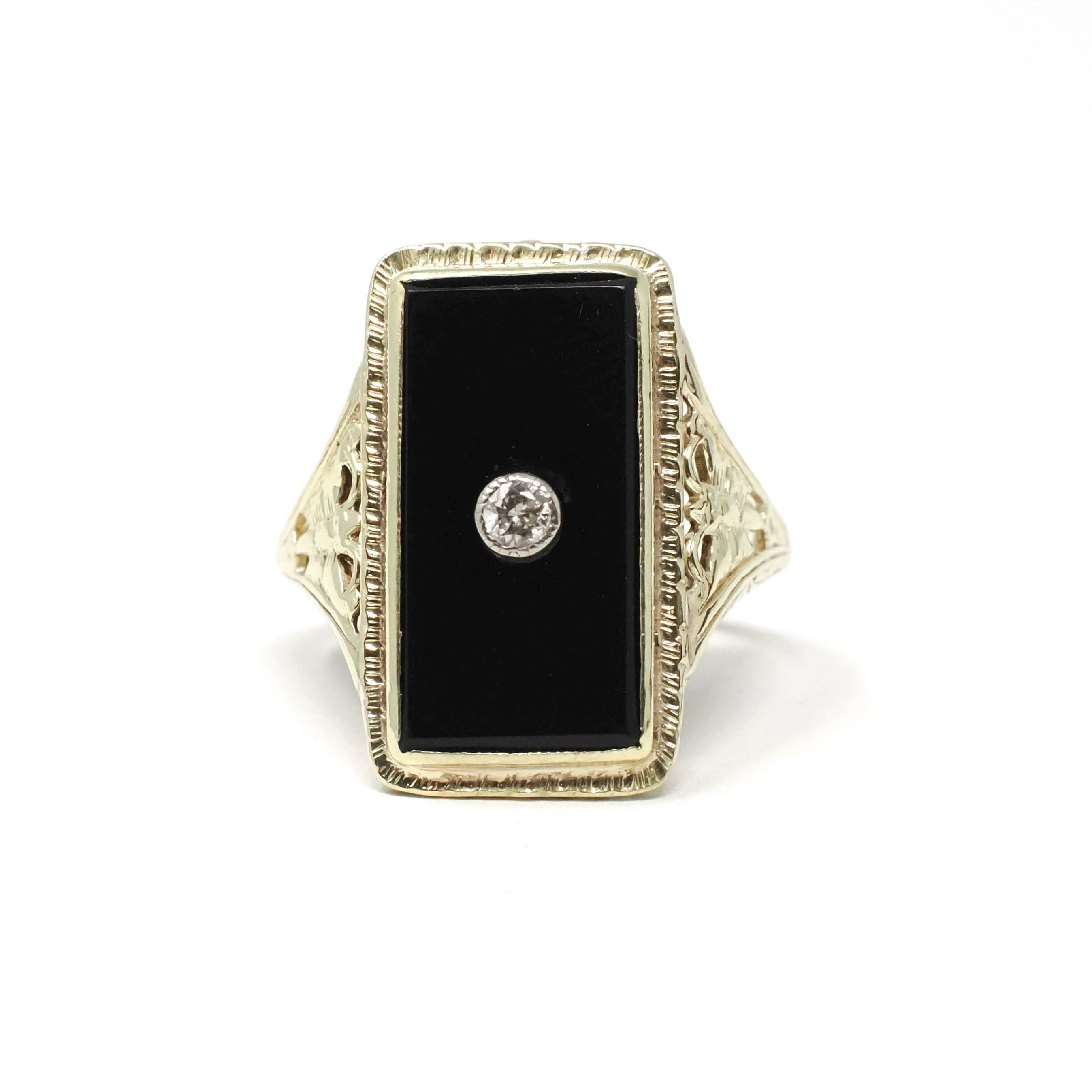 Onyx & Diamond Ring - Art Deco 14k Yellow Gold Black Gem Rectangle Butterfly Filigree - Vintage Circa 1930s Size 4.5 Fine Statement Jewelry