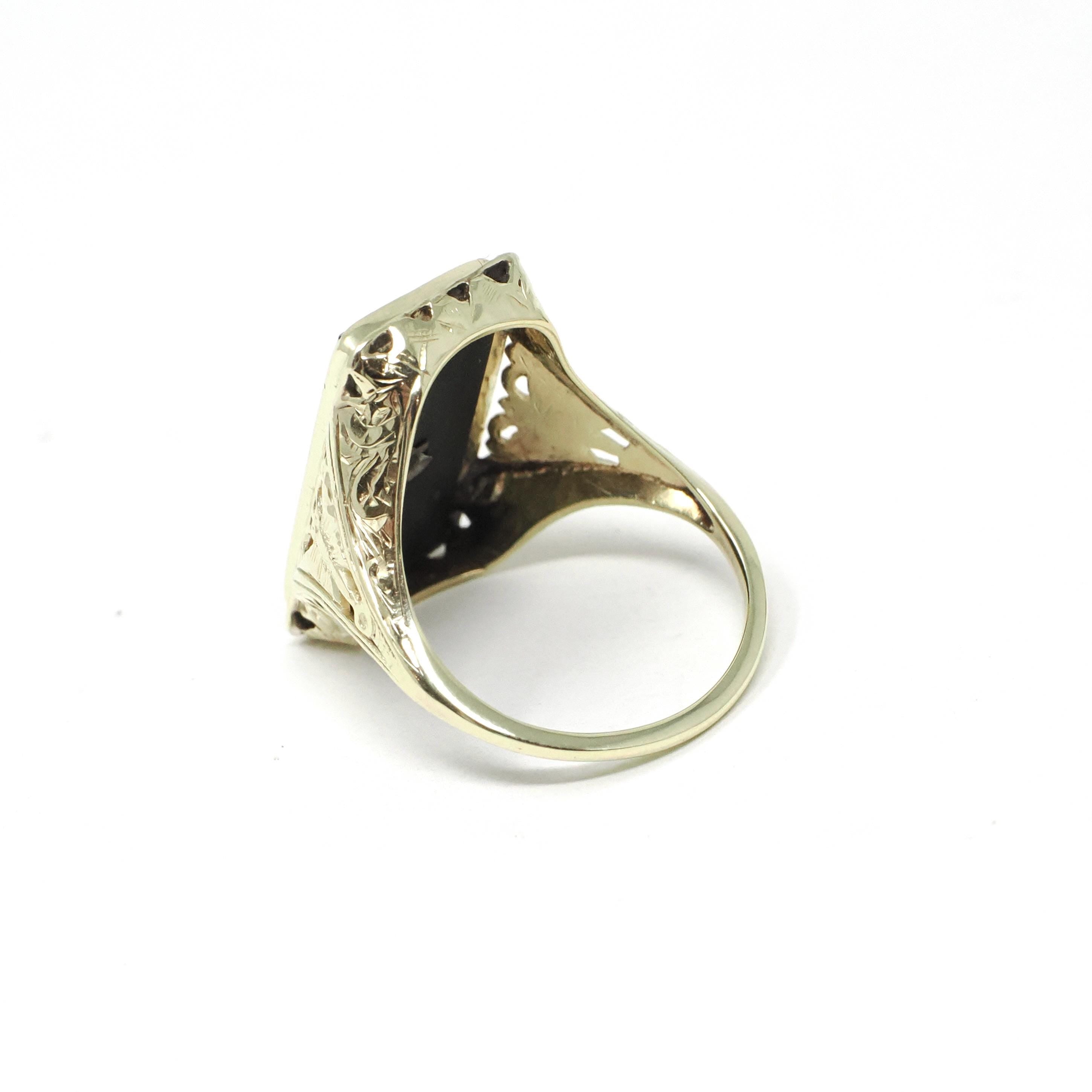 Onyx & Diamond Ring - Art Deco 14k Yellow Gold Black Gem Rectangle Butterfly Filigree - Vintage Circa 1930s Size 4.5 Fine Statement Jewelry