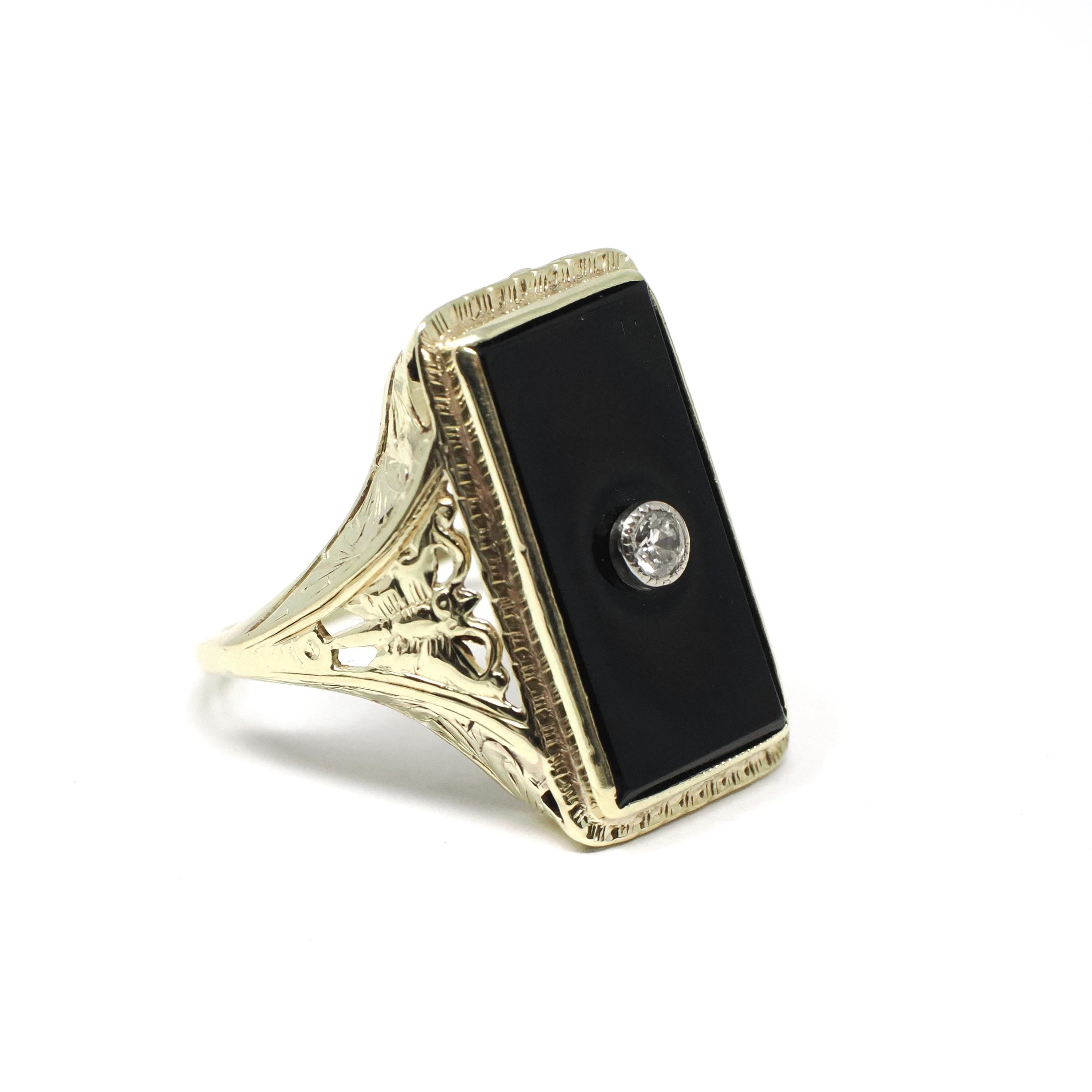 Onyx & Diamond Ring - Art Deco 14k Yellow Gold Black Gem Rectangle Butterfly Filigree - Vintage Circa 1930s Size 4.5 Fine Statement Jewelry