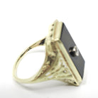 Onyx & Diamond Ring - Art Deco 14k Yellow Gold Black Gem Rectangle Butterfly Filigree - Vintage Circa 1930s Size 4.5 Fine Statement Jewelry