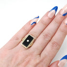 Onyx & Diamond Ring - Art Deco 14k Yellow Gold Black Gem Rectangle Butterfly Filigree - Vintage Circa 1930s Size 4.5 Fine Statement Jewelry