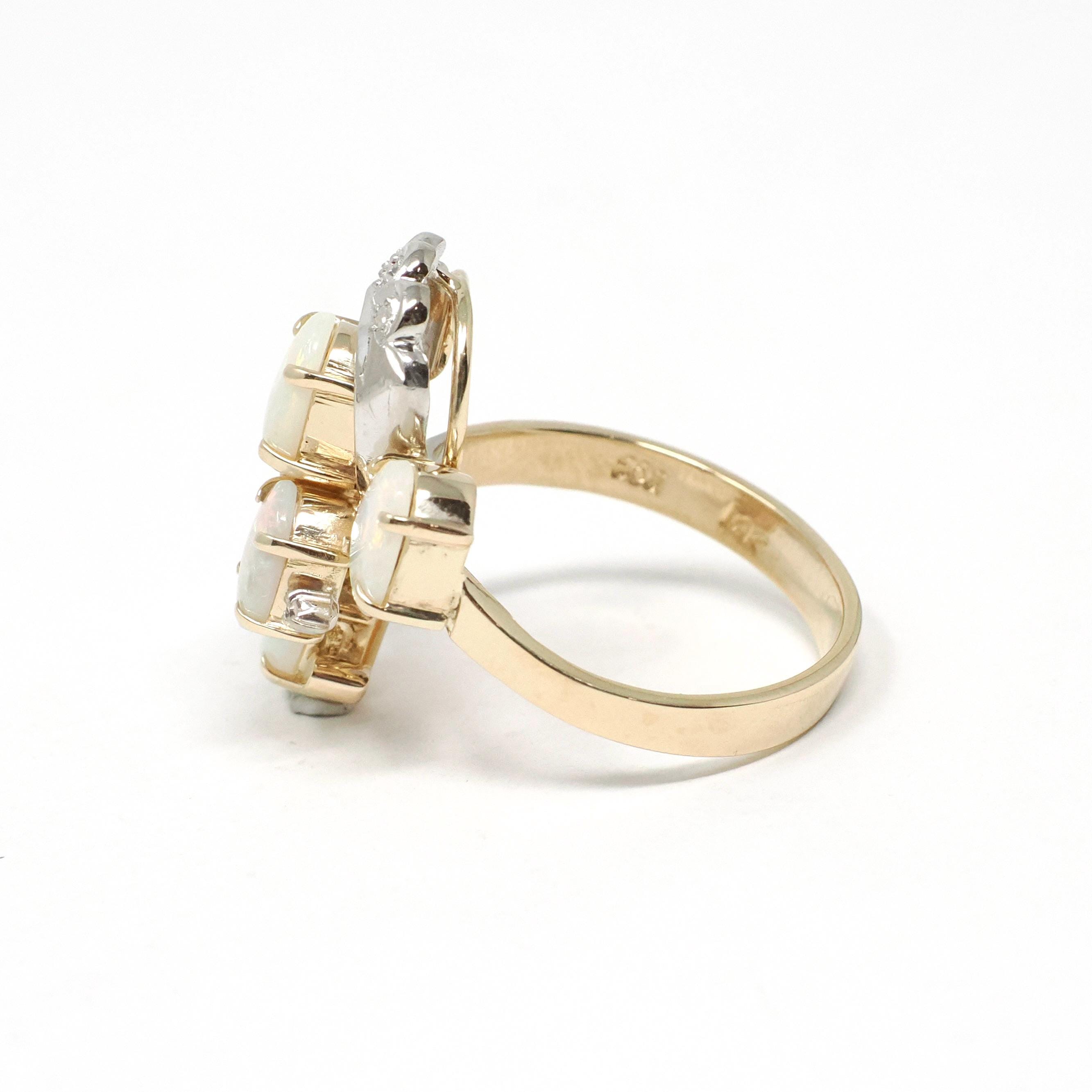 Opal Cluster Ring - Vintage 14k Yellow & White Gold Cabochon Cut Gems Diamond Accents - Retro Circa 1970s Size 7 1/4 Fine Statement Jewelry
