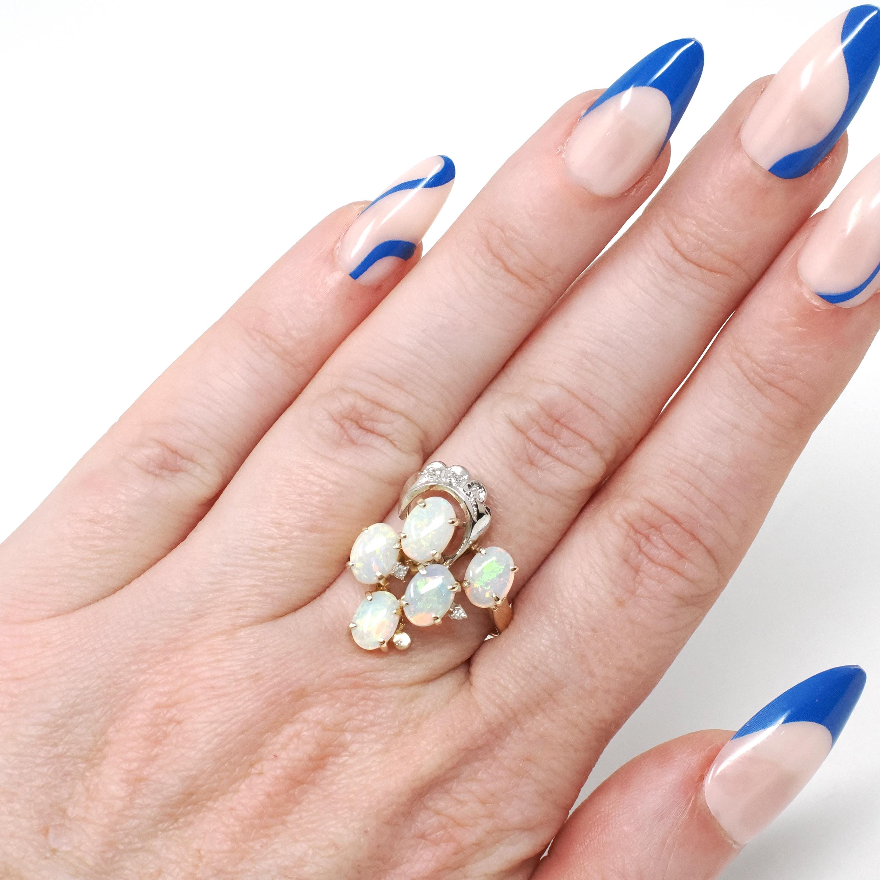 Opal Cluster Ring - Vintage 14k Yellow & White Gold Cabochon Cut Gems Diamond Accents - Retro Circa 1970s Size 7 1/4 Fine Statement Jewelry