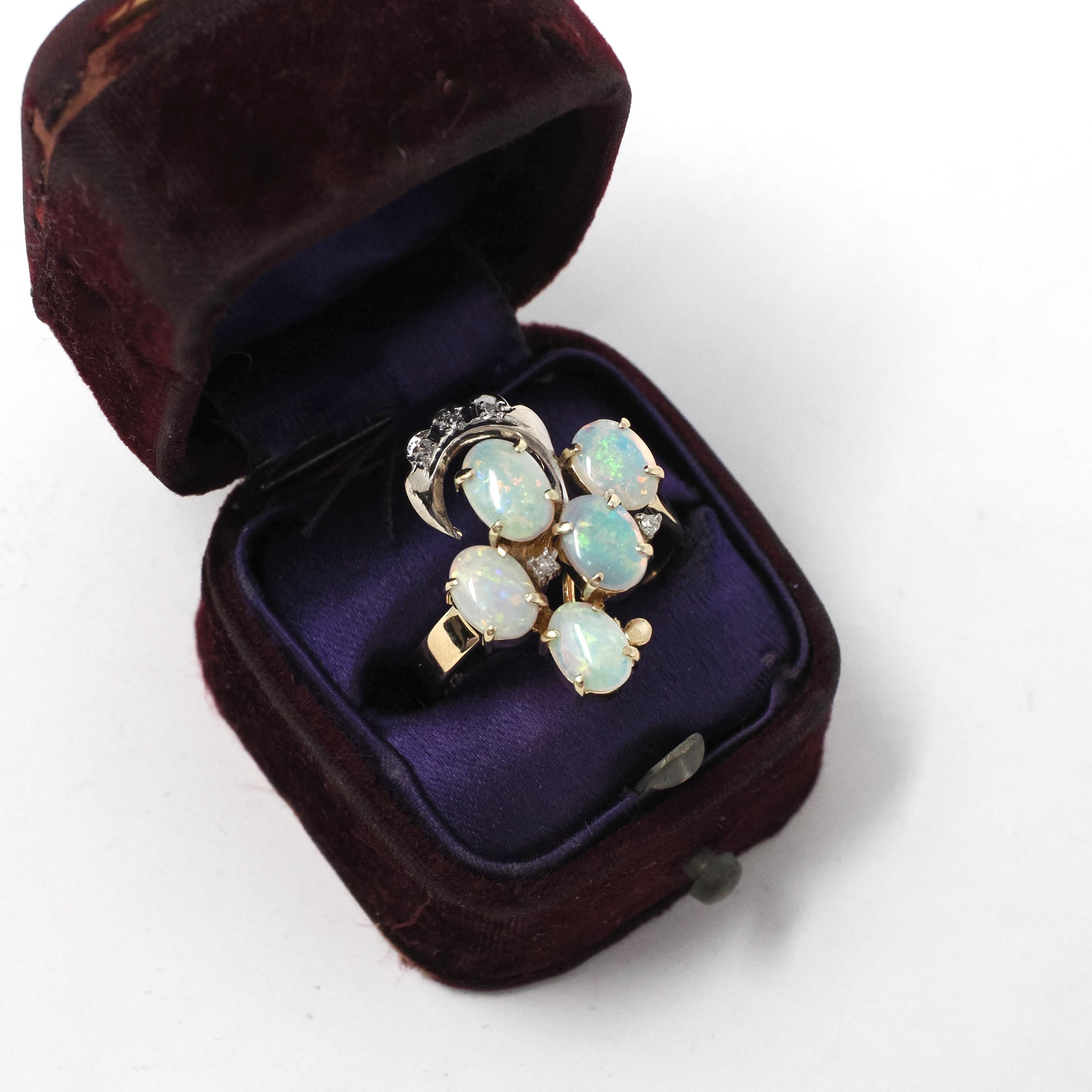 Opal Cluster Ring - Vintage 14k Yellow & White Gold Cabochon Cut Gems Diamond Accents - Retro Circa 1970s Size 7 1/4 Fine Statement Jewelry