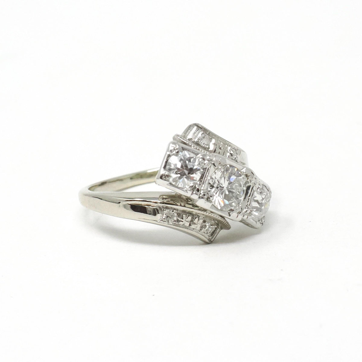 Mid Century Diamond Ring - Vintage 14k White Gold Natural Gemstones Bypass Cocktail - Circa 1950s Era Size 5 3/4 Fine Statement Jewelry