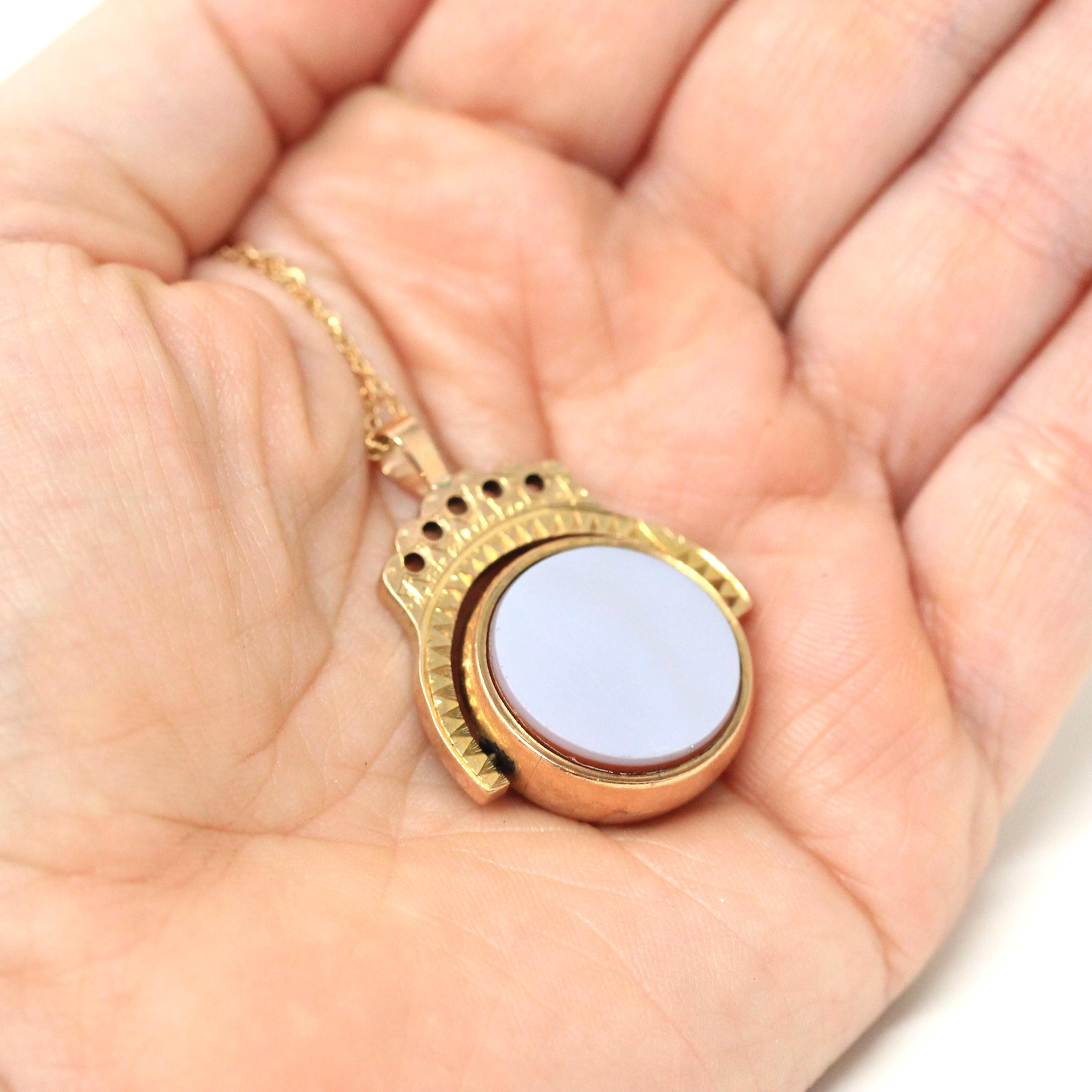 Antique Spinner Pendant - Edwardian 9K Yellow Gold Natural Bloodstone Sardonyx Flip Charm Necklace - Hallamrked 1911 Two Sided Fob Jewelry