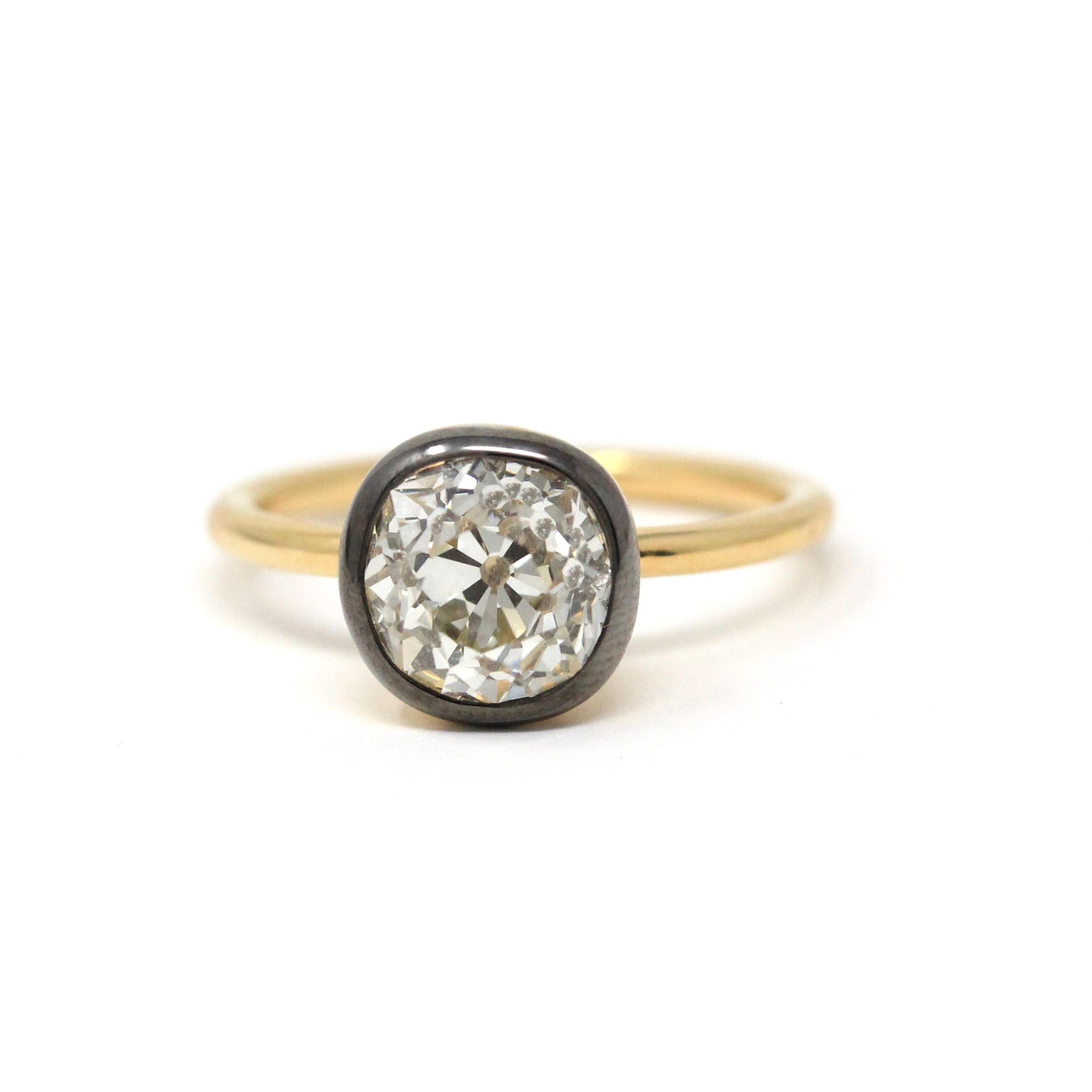 Antique 2.12 CT Old Mine Cut Diamond Engagement Ring - 18k Yellow Gold Blackened Platinum Bezel Two Tone Solitaire - Size 5 3/4 Fine Jewelry