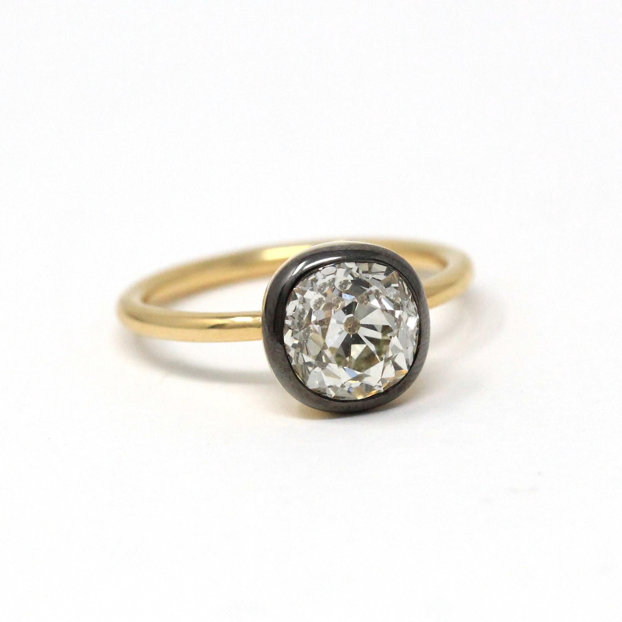 Antique 2.12 CT Old Mine Cut Diamond Engagement Ring - 18k Yellow Gold Blackened Platinum Bezel Two Tone Solitaire - Size 5 3/4 Fine Jewelry
