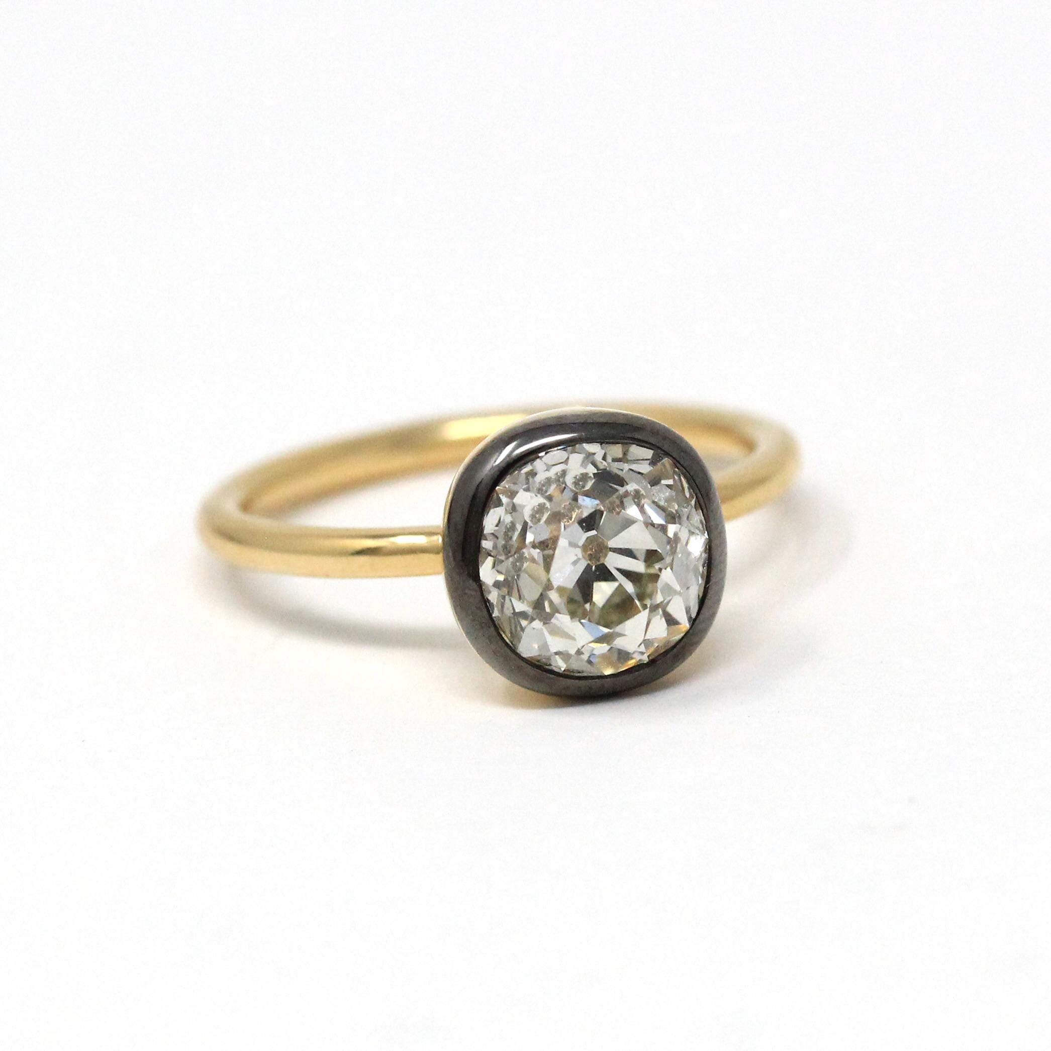 Antique 2.12 CT Old Mine Cut Diamond Engagement Ring - 18k Yellow Gold Blackened Platinum Bezel Two Tone Solitaire - Size 5 3/4 Fine Jewelry