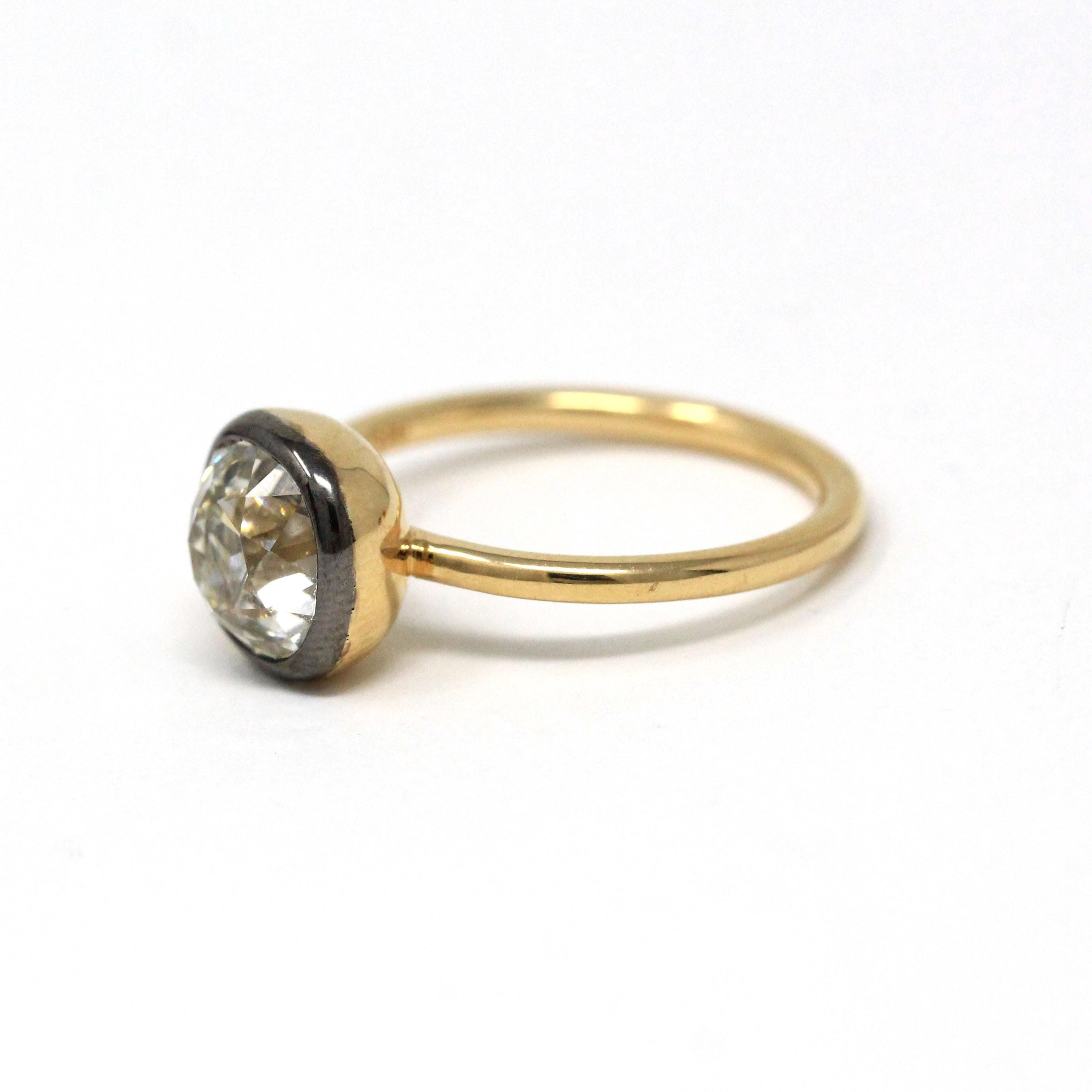 Antique 2.12 CT Old Mine Cut Diamond Engagement Ring - 18k Yellow Gold Blackened Platinum Bezel Two Tone Solitaire - Size 5 3/4 Fine Jewelry