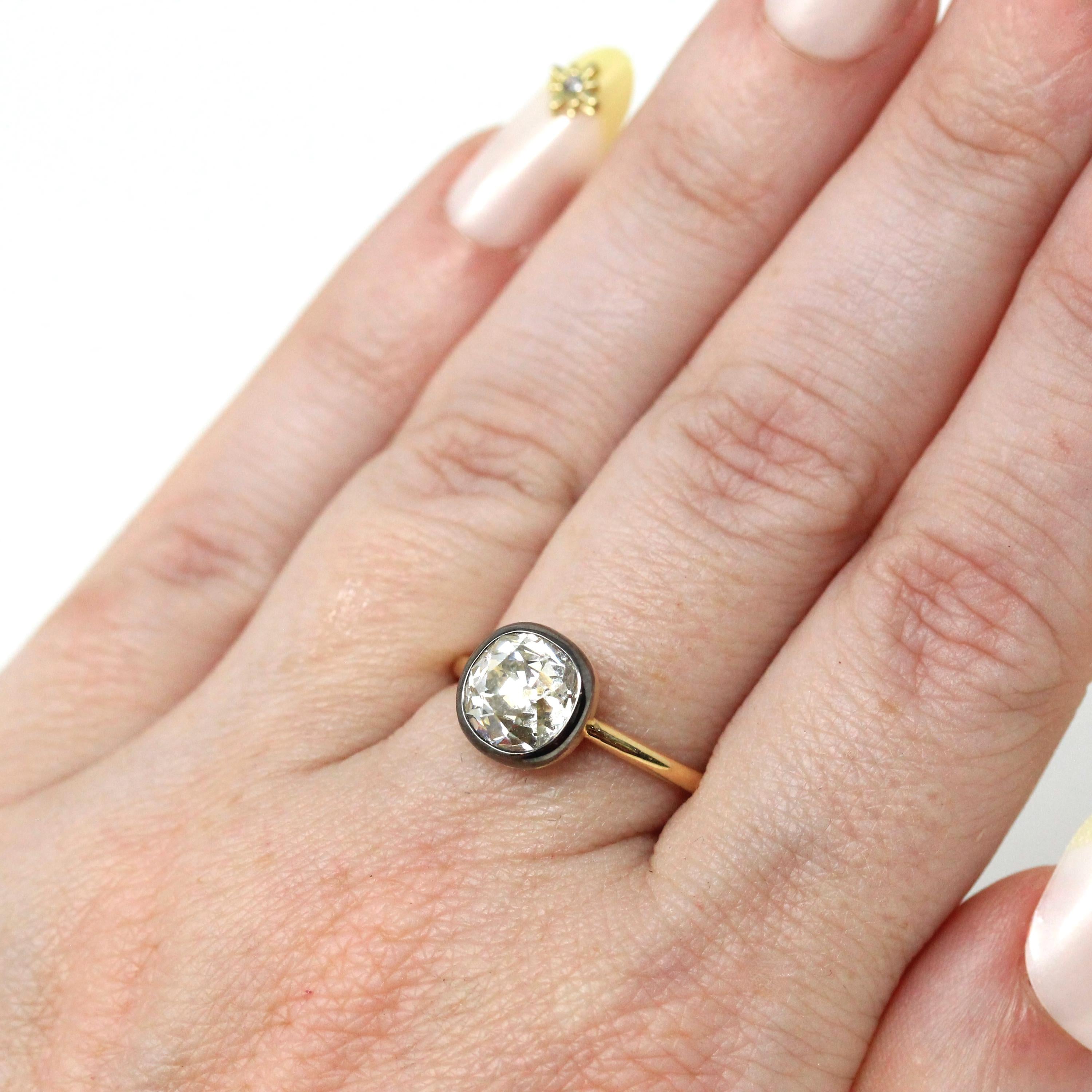 Antique 2.12 CT Old Mine Cut Diamond Engagement Ring - 18k Yellow Gold Blackened Platinum Bezel Two Tone Solitaire - Size 5 3/4 Fine Jewelry