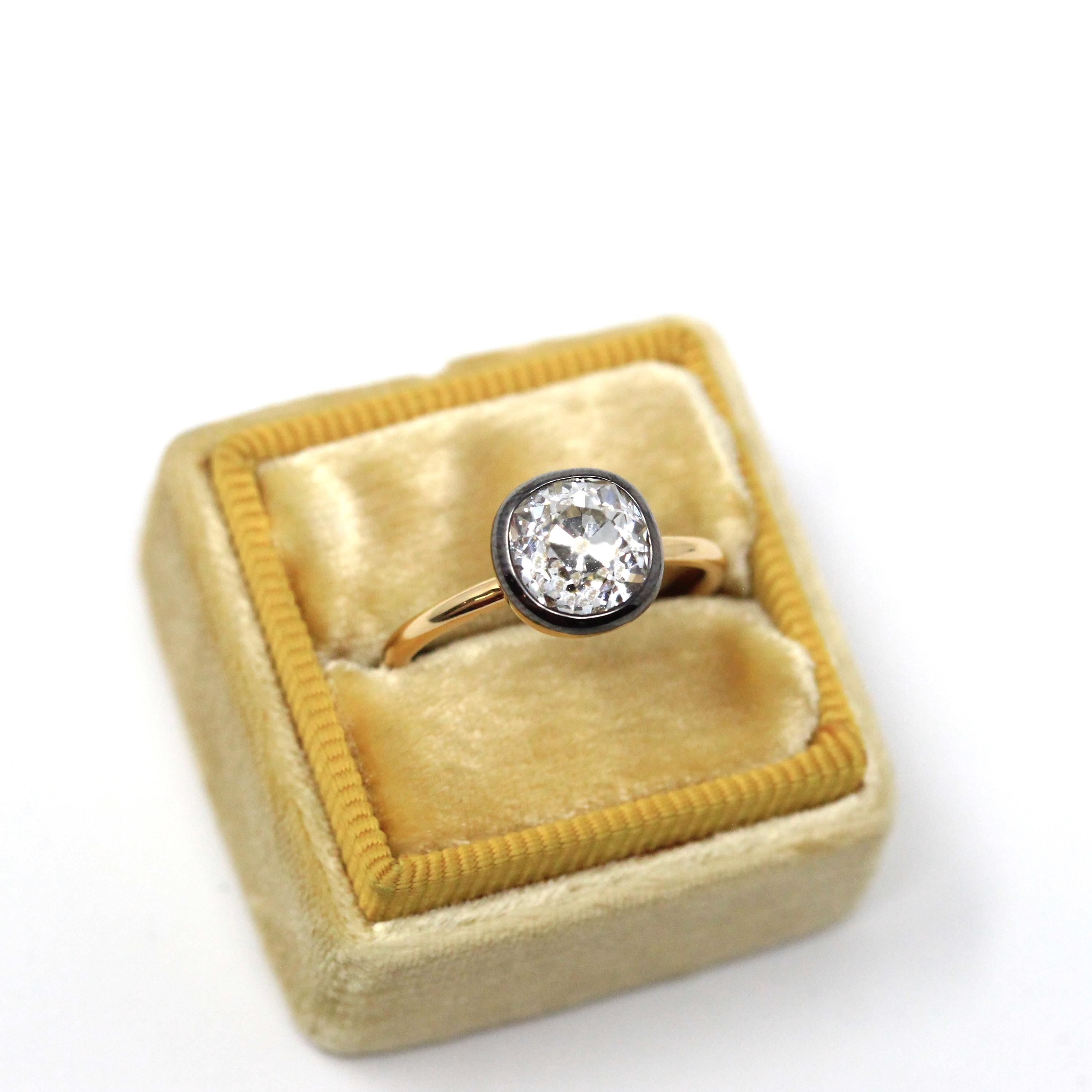 Antique 2.12 CT Old Mine Cut Diamond Engagement Ring - 18k Yellow Gold Blackened Platinum Bezel Two Tone Solitaire - Size 5 3/4 Fine Jewelry