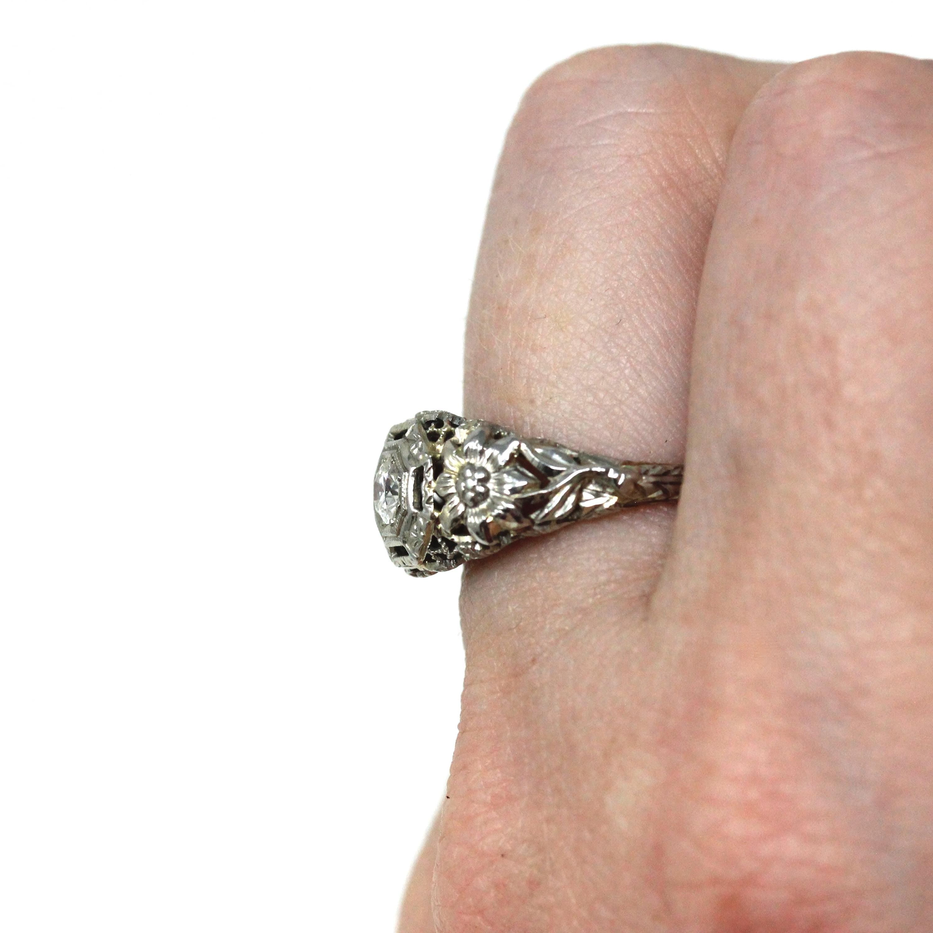 Vintage Diamond Ring - Art Deco 18k White Gold Natural Solitaire Engagement - Circa 1930s Era Floral Size 5 1/4 Flower Filigree Fine Jewelry