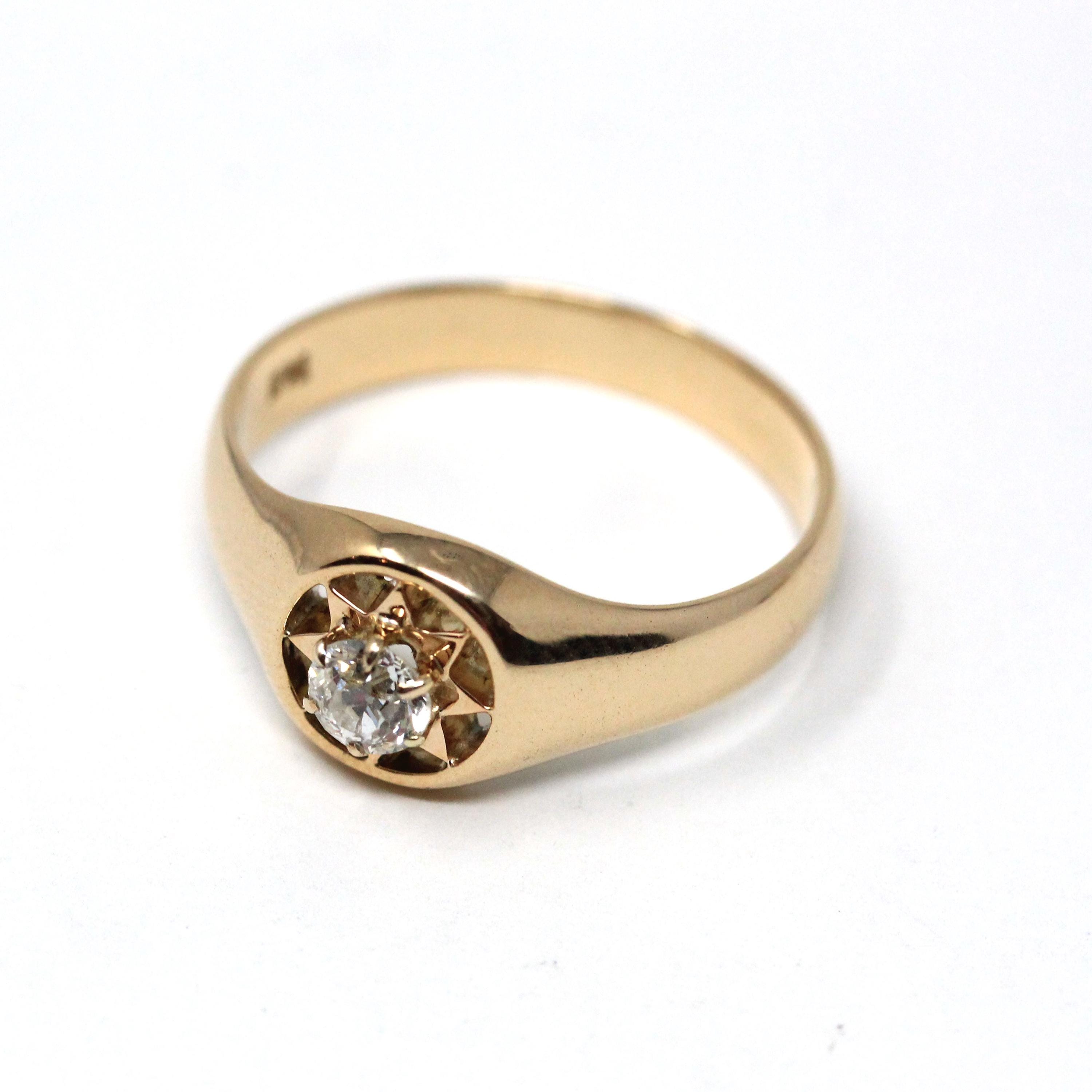 Antique Diamond Sun Ring - Edwardian 14k Yellow Gold .27 CT Solitaire - Circa 1910s Size 8.75 Celestial Men's Unisex Fine Engagement Jewelry